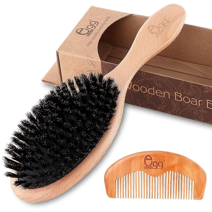 Black Egg Boar Bristle Hair Brush for Thin/Fine Hair, Bamboo Comb, 3 Hair Ties, Soft Natural Bristles
