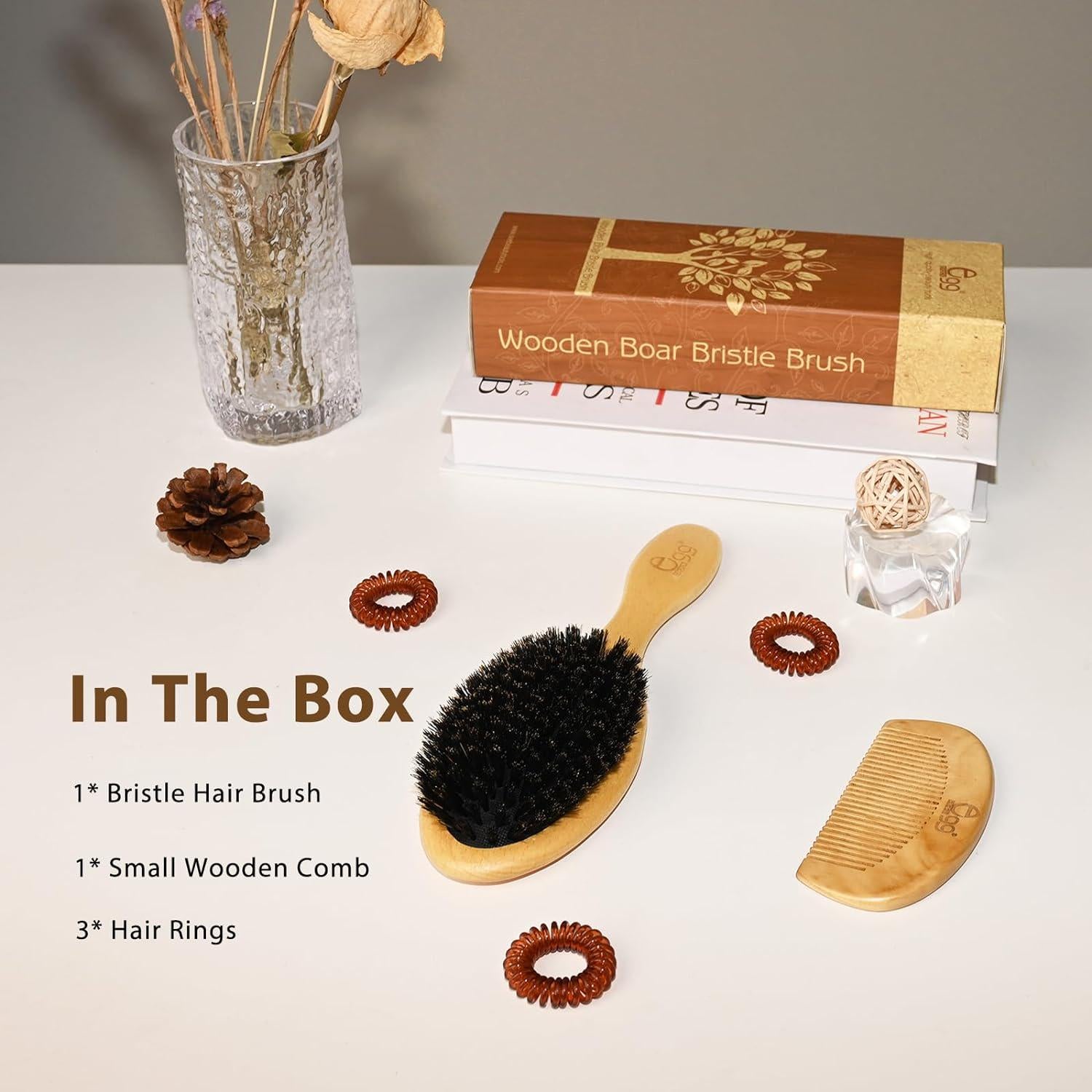 BLACK EGG Boar Bristle Hair Brush For Women Men Kid, Soft Natural Bristles Brush For Thin And Fine Hair, Restore Shine And Texture, Set Includes Bamboo Comb And 3 Hair Ties,