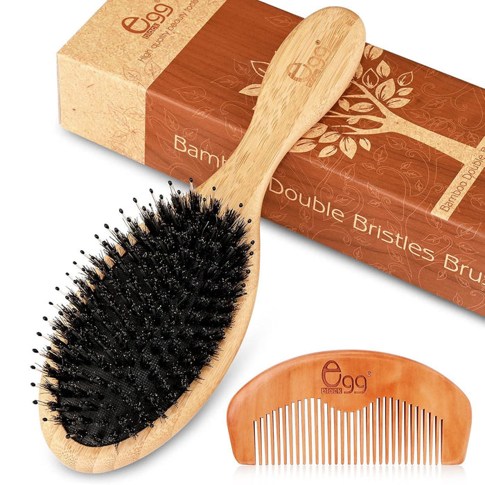 Black Egg Boar Bristle Brush for Wet & Dry Hair, Smoothing, Massaging, Detangling, Reduces Frizz, Restores Shine, Bamboo Brush for Women, Men & Kids