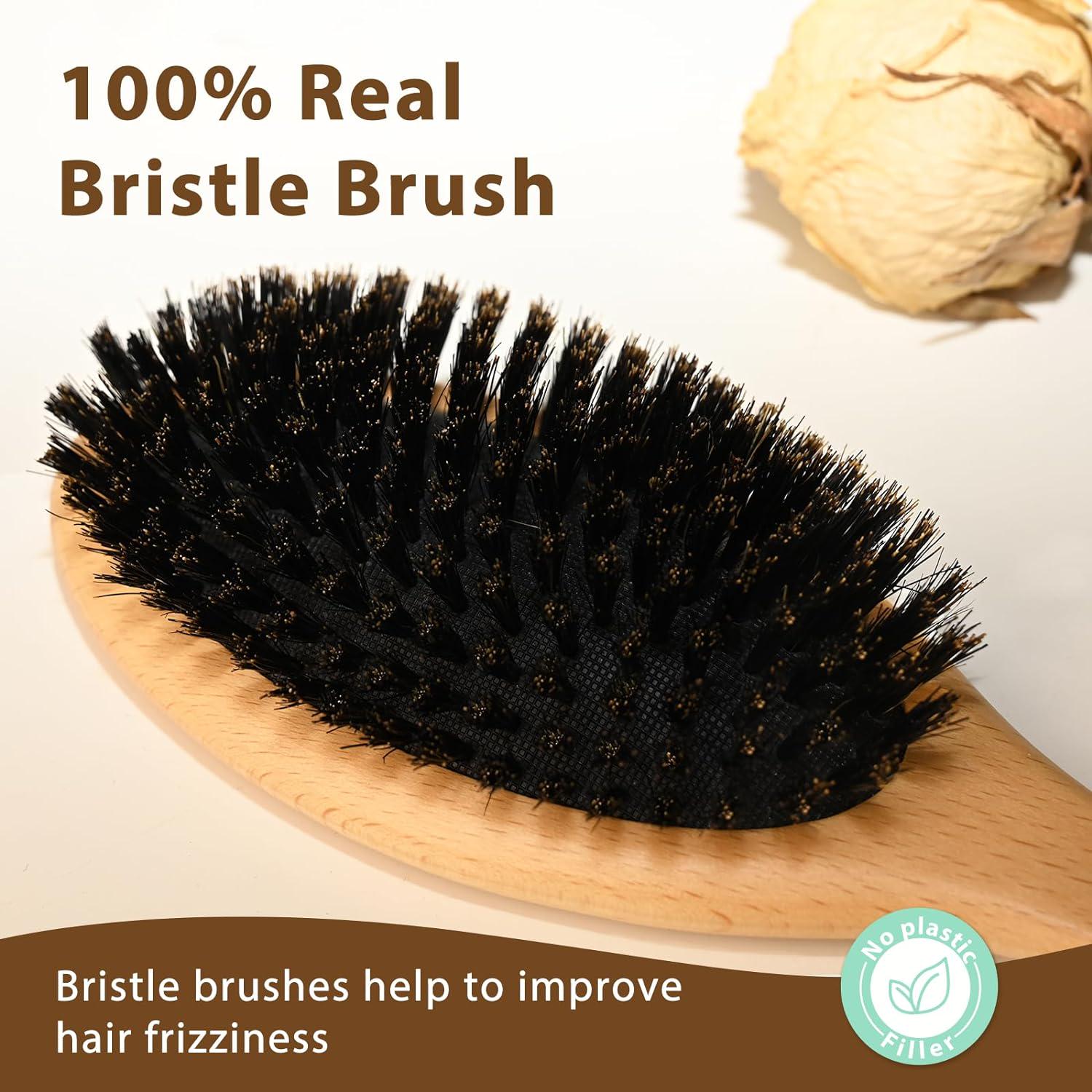 BLACK EGG Boar Bristle Hair Brush For Women Men Kid, Soft Natural Bristles Brush For Thin And Fine Hair, Restore Shine And Texture, Set Includes Bamboo Comb And 3 Hair Ties,