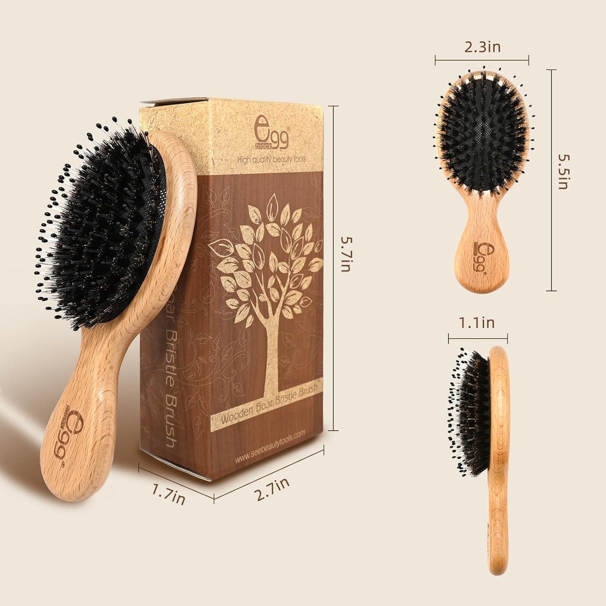 BLACK EGG Hair Brush Mini Boar Bristle Hairbrush For Thick Curly Thin Long Short Wet Or Dry Hair Detangle Massage Add Shine,