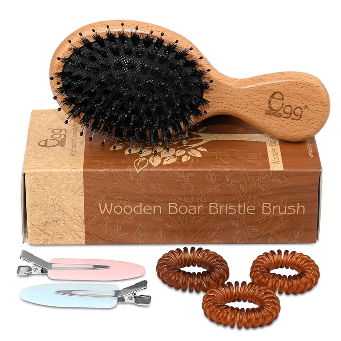 Black Egg Hair Brush, Mini Boar Bristle Detangler for All Hair Types, Wet or Dry, Adds Shine