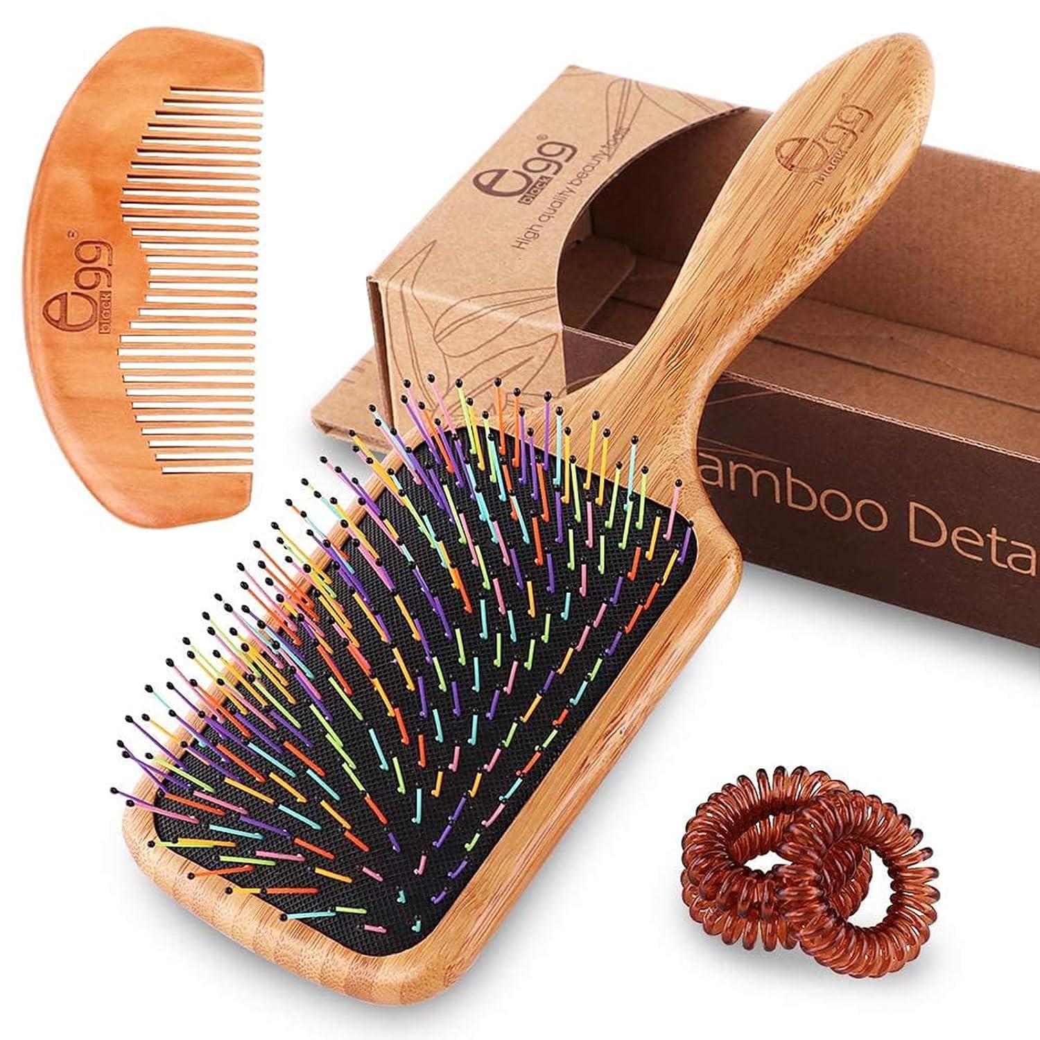 BLACK EGG Paddle Detangling Hair Brush For Women Girls, Rainbow Nylon Brush For Thick Thin Curly Hair, Includes Wooden Detangler Comb And 3 Hair Ties,