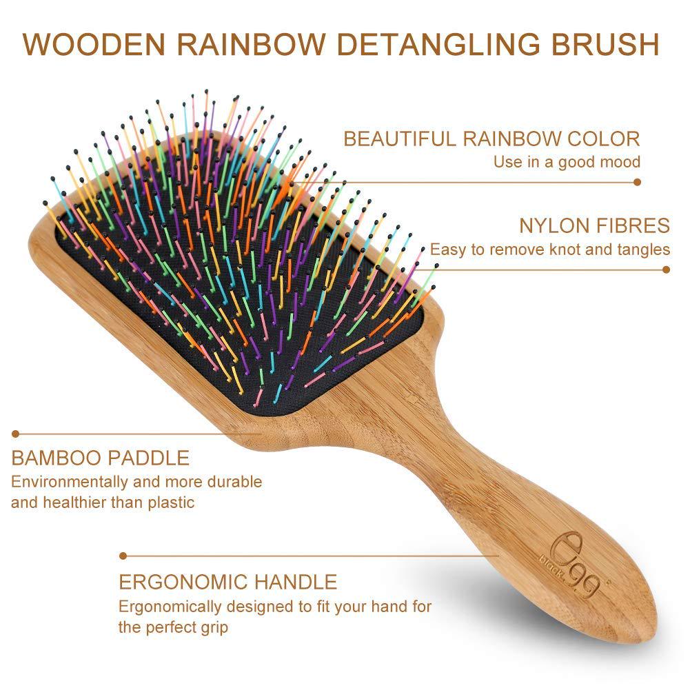 BLACK EGG Paddle Detangling Hair Brush For Women Girls, Rainbow Nylon Brush For Thick Thin Curly Hair, Includes Wooden Detangler Comb And 3 Hair Ties,