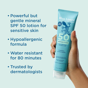 BLUE LIZARD BLUE LIZARD Sensitive Mineral Sunscreen With Zinc Oxide 50+ Water Resistant UVAUVB Protection With Smart Cap Technology Fragrance Free, Sensitve, SPF 50 - - Tube, Unscented, 5 Fl Oz