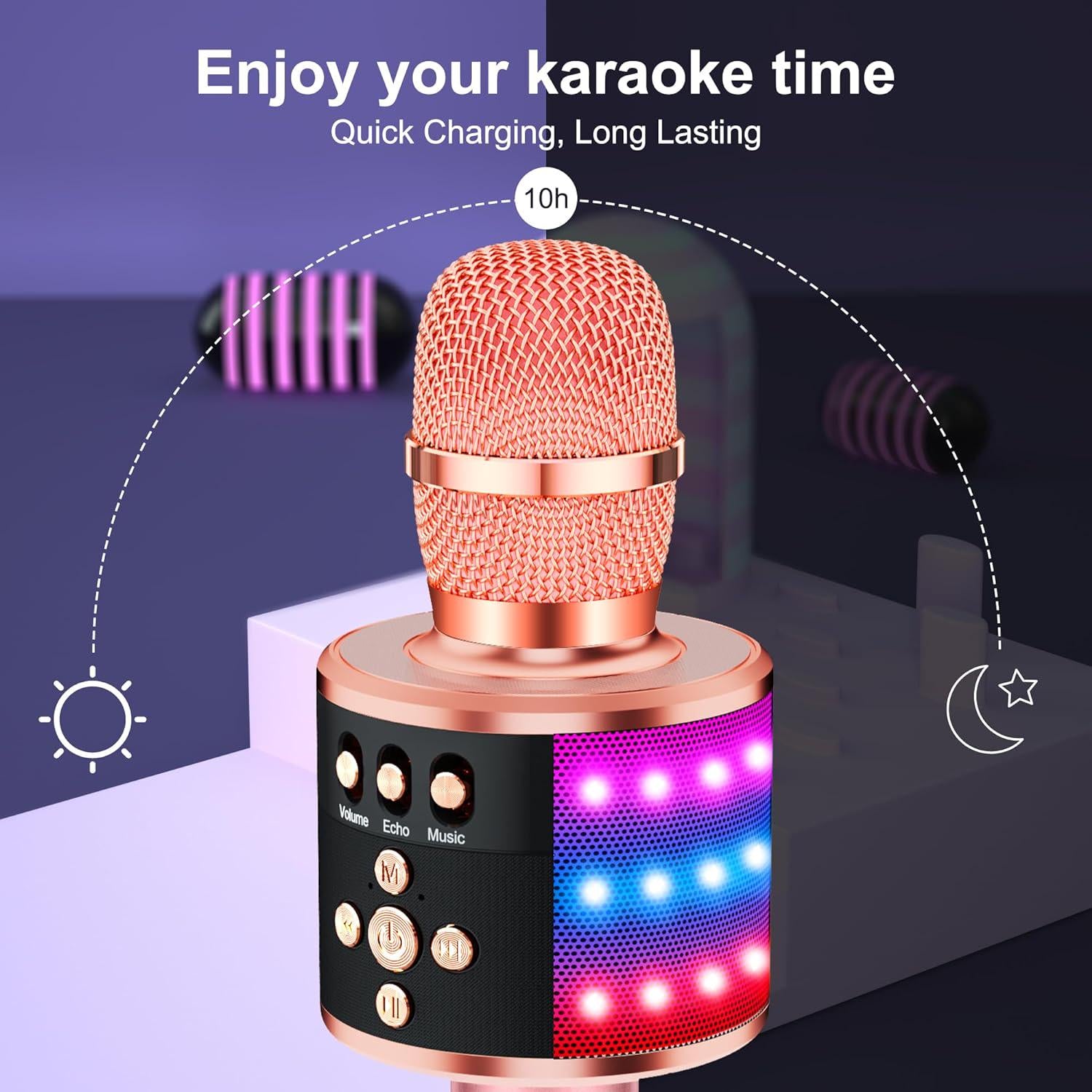 BONAOK Bluetooth Wireless Karaoke Microphone With LED Lights,4-in-1 Portable Handheld Mic With Speaker Karaoke Player For Singing Home Party Toys Birthday Gift For Kids Adults Girls Q78(Rose Gold),645249270205