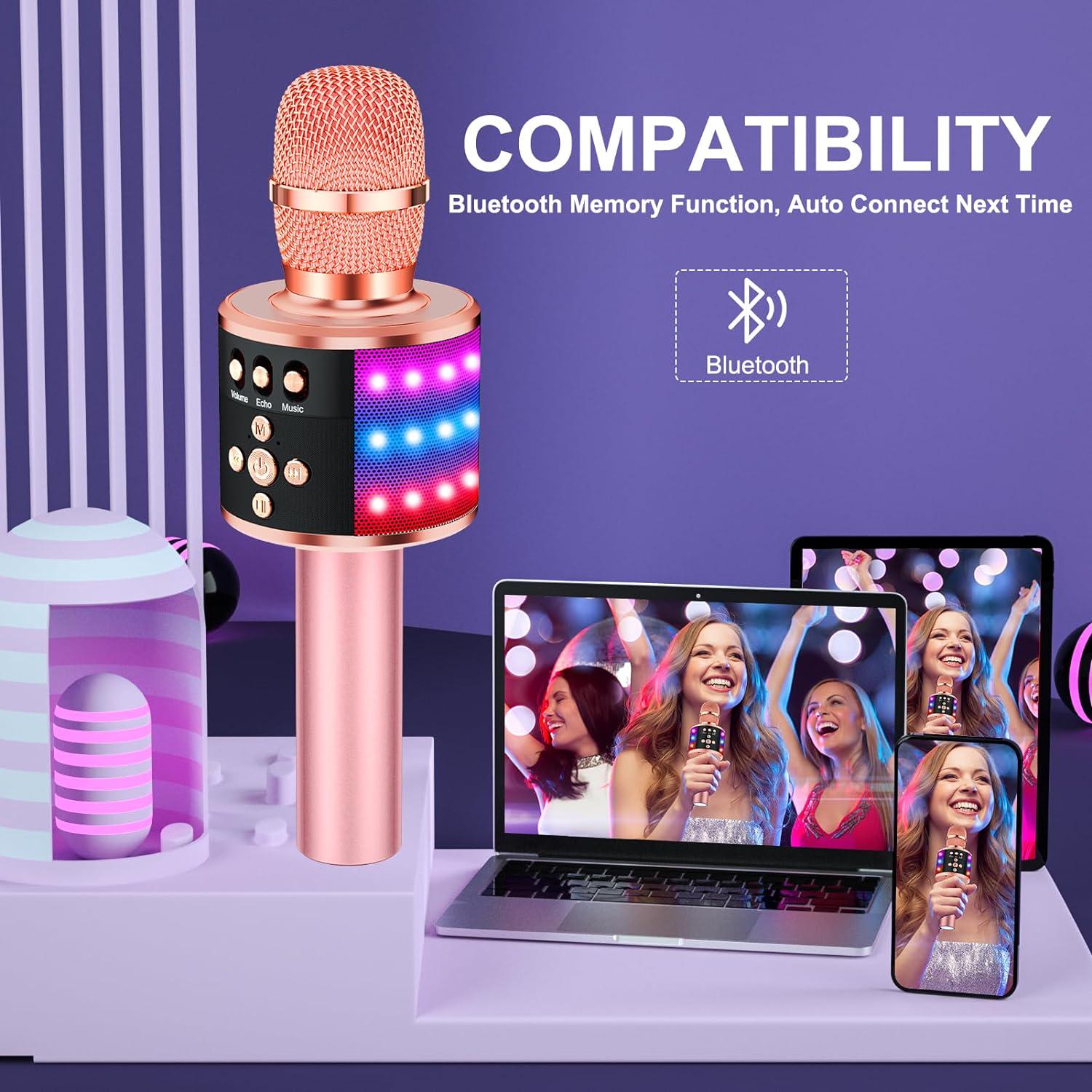 BONAOK Bluetooth Wireless Karaoke Microphone With LED Lights,4-in-1 Portable Handheld Mic With Speaker Karaoke Player For Singing Home Party Toys Birthday Gift For Kids Adults Girls Q78(Rose Gold),645249270205