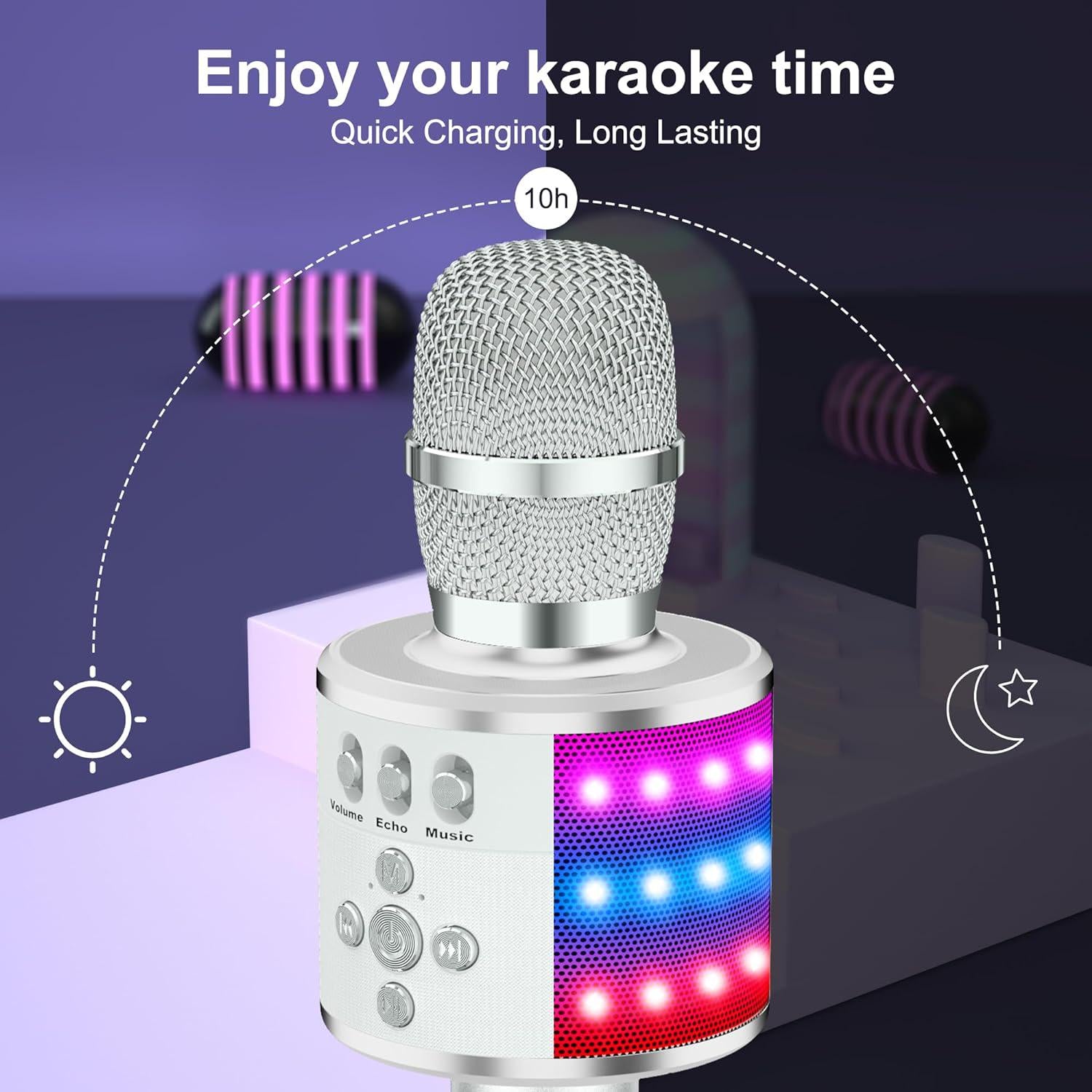 BONAOK Bluetooth Wireless Karaoke Microphone With LED Lights,4-in-1 Portable Handheld Mic With Speaker Karaoke Player Singing Home Party Toys Birthday Gift For Kids Adults Boys Girls Q78(Silver),767550652362