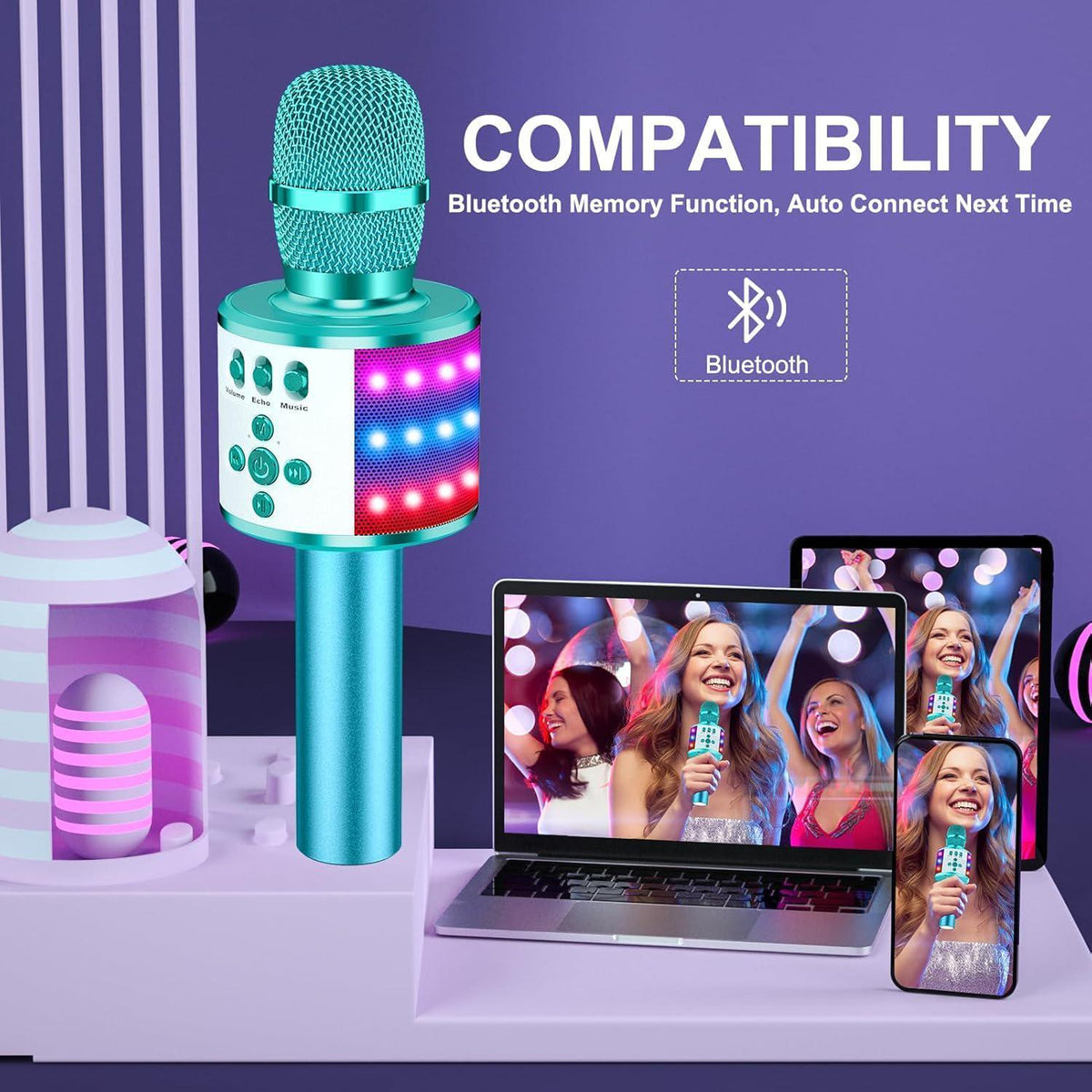 BONAOK Bluetooth Wireless Karaoke Microphone With LED Lights,4-in-1 Portable Handheld Mic With Speaker Karaoke Player For Singing Home Party Toys Birthday Gift For Kids Adults Girls Q78(Ice Blue),