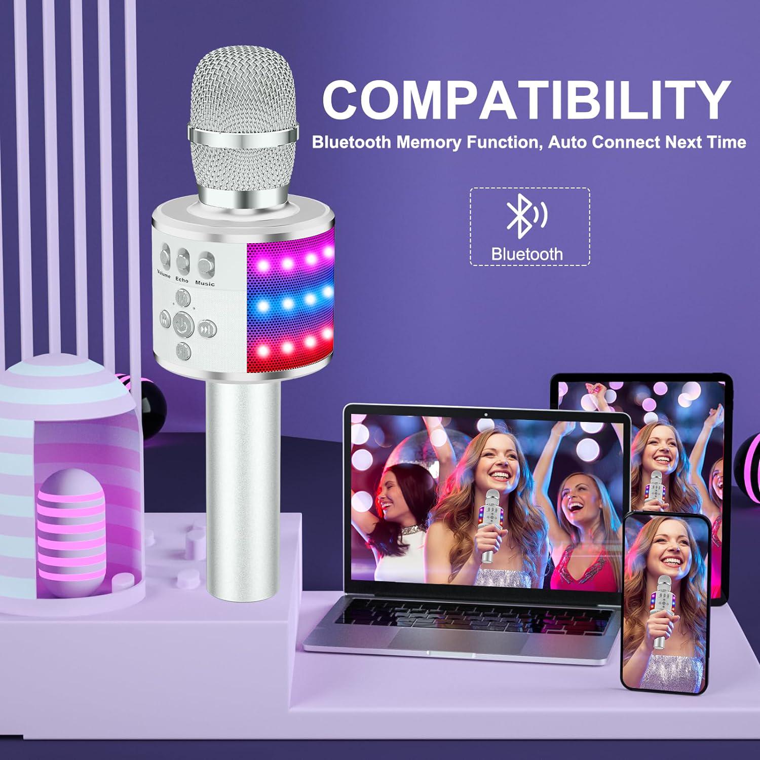 BONAOK Bluetooth Wireless Karaoke Microphone With LED Lights,4-in-1 Portable Handheld Mic With Speaker Karaoke Player Singing Home Party Toys Birthday Gift For Kids Adults Boys Girls Q78(Silver),767550652362