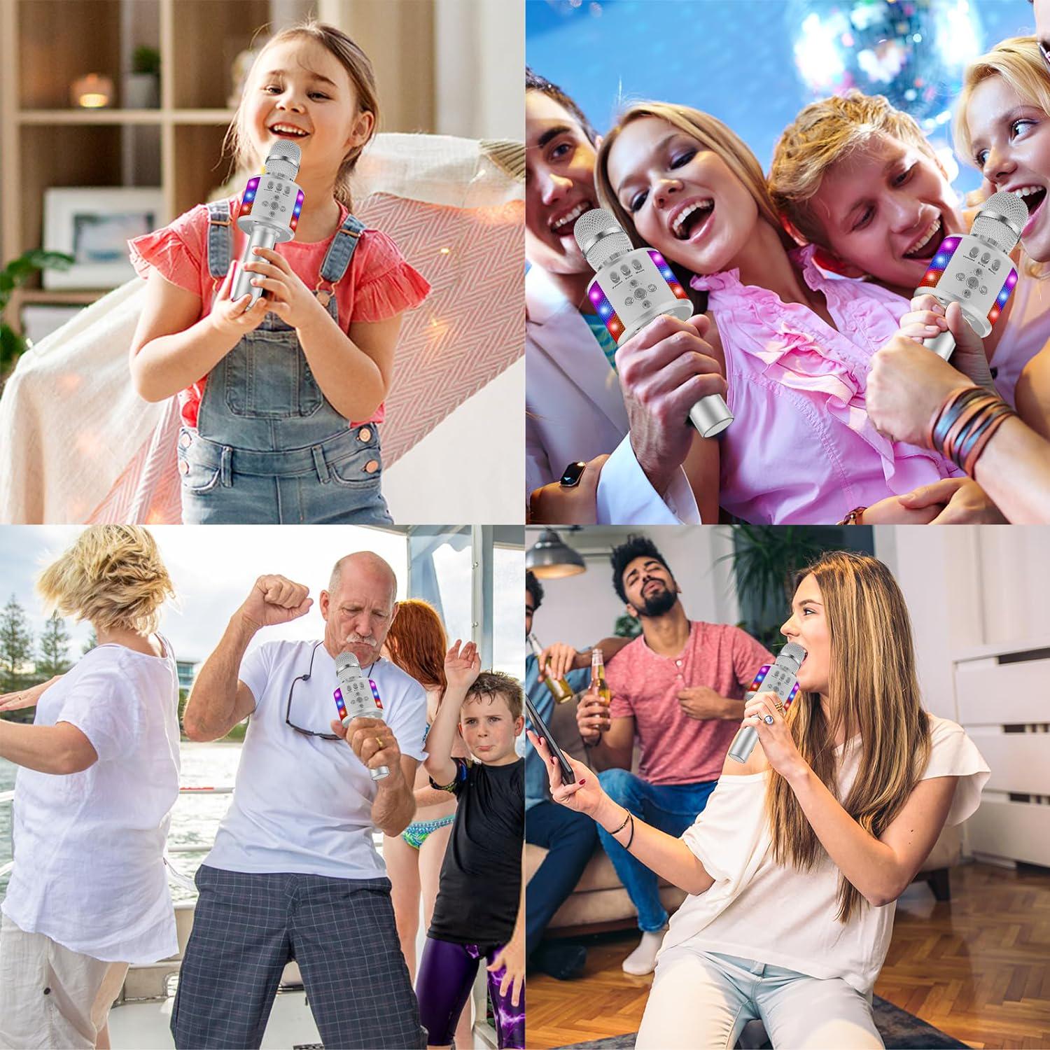 BONAOK Bluetooth Wireless Karaoke Microphone With LED Lights,4-in-1 Portable Handheld Mic With Speaker Karaoke Player Singing Home Party Toys Birthday Gift For Kids Adults Boys Girls Q78(Silver),767550652362