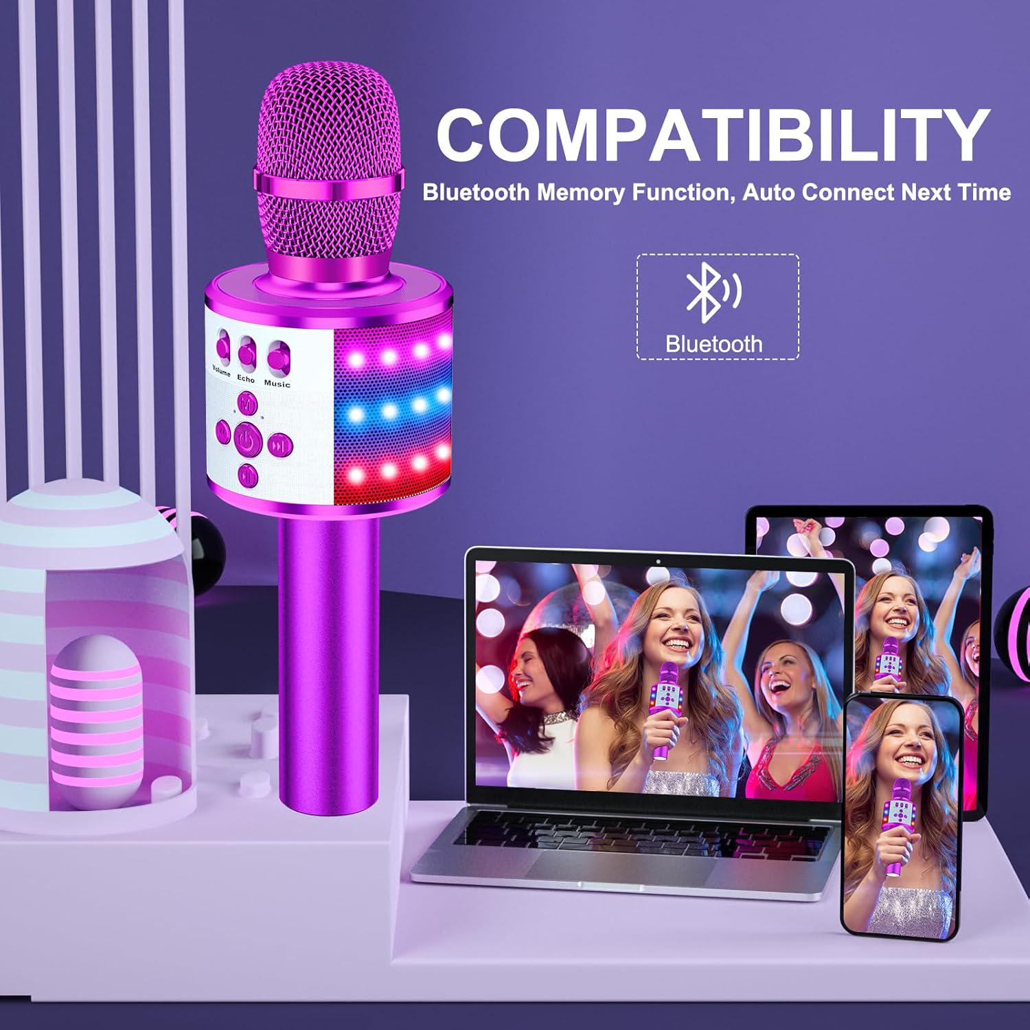 BONAOK Bluetooth Wireless Karaoke Microphone With LED Lights,4-in-1 Portable Handheld Mic With Speaker Karaoke Player For Singing Home Party Toys Birthday Gift For Kids Adults Girls Q78(Purple),