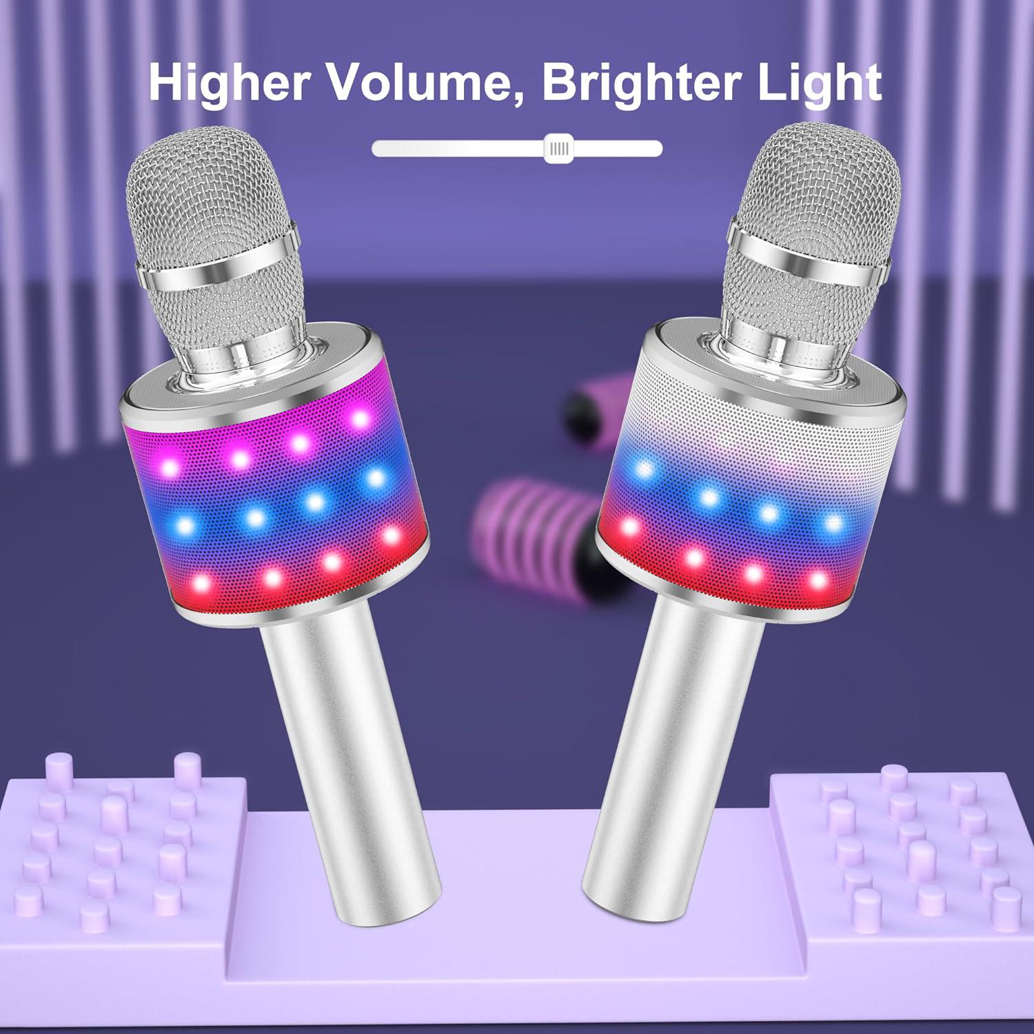 BONAOK Bluetooth Wireless Karaoke Microphone With LED Lights,4-in-1 Portable Handheld Mic With Speaker Karaoke Player Singing Home Party Toys Birthday Gift For Kids Adults Boys Girls Q78(Silver),767550652362