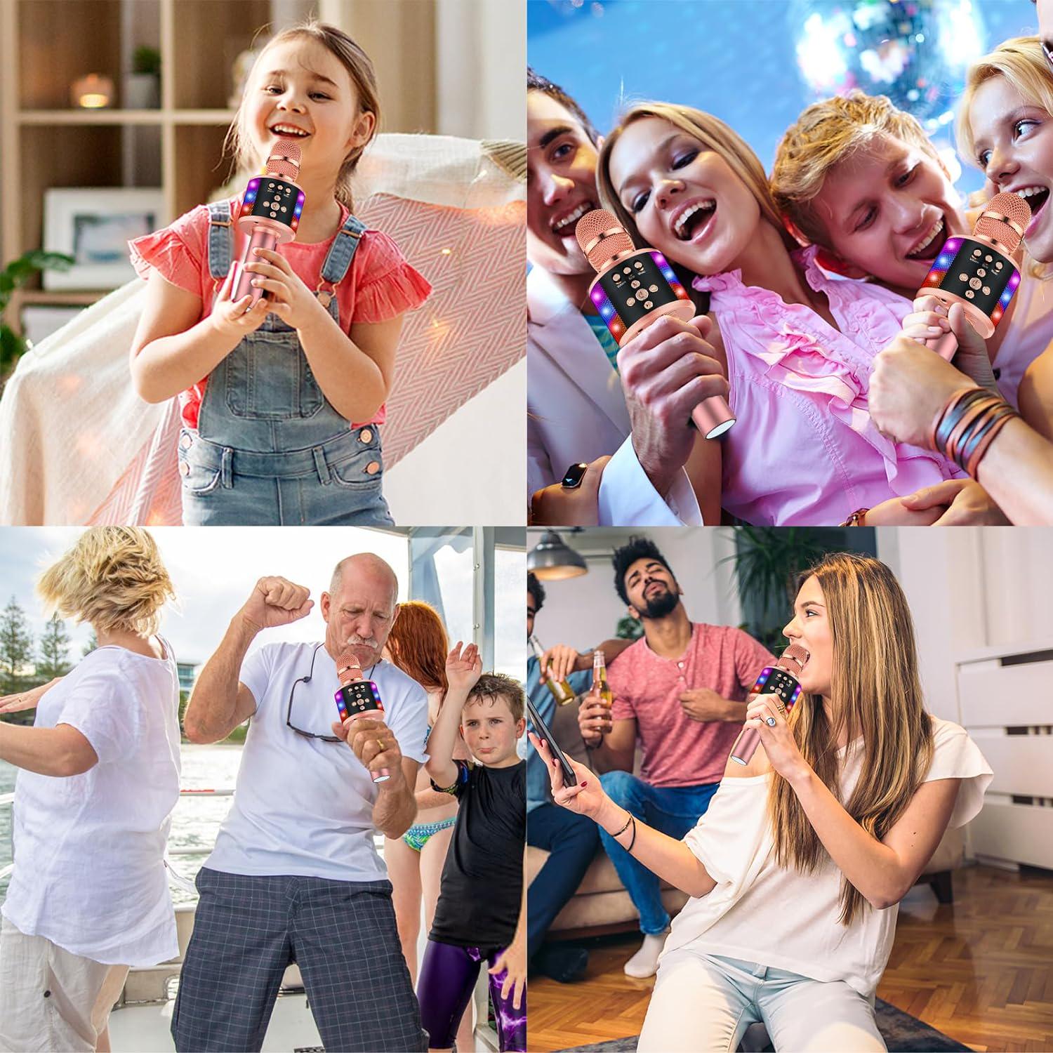 BONAOK Bluetooth Wireless Karaoke Microphone With LED Lights,4-in-1 Portable Handheld Mic With Speaker Karaoke Player For Singing Home Party Toys Birthday Gift For Kids Adults Girls Q78(Rose Gold),645249270205