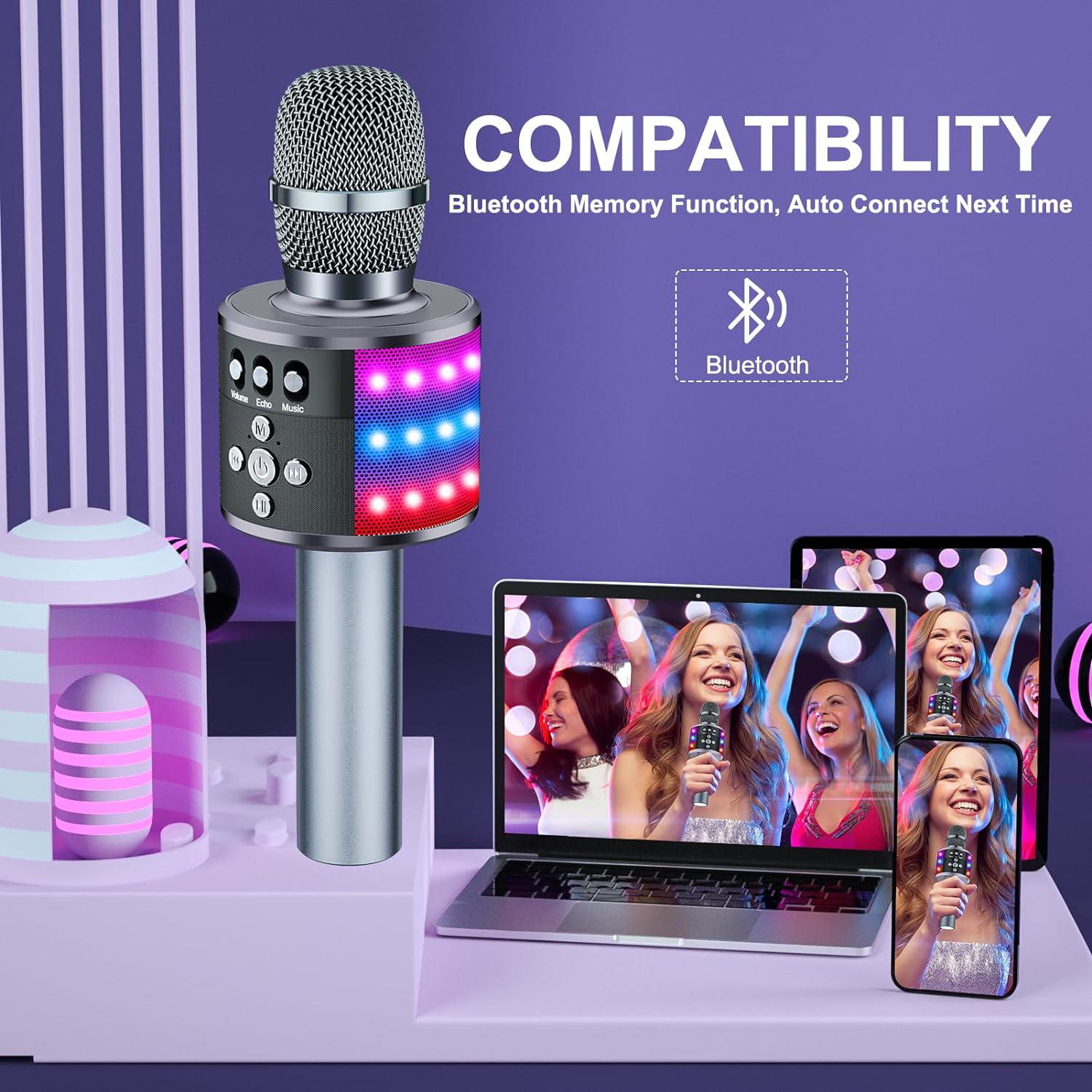 BONAOK Bluetooth Wireless Karaoke Microphone With LED Lights,4-in-1 Portable Handheld Mic With Speaker Karaoke Player For Singing Home Party Birthday Gift For Kids Adults Girls Q78(Space Gray),645249270212