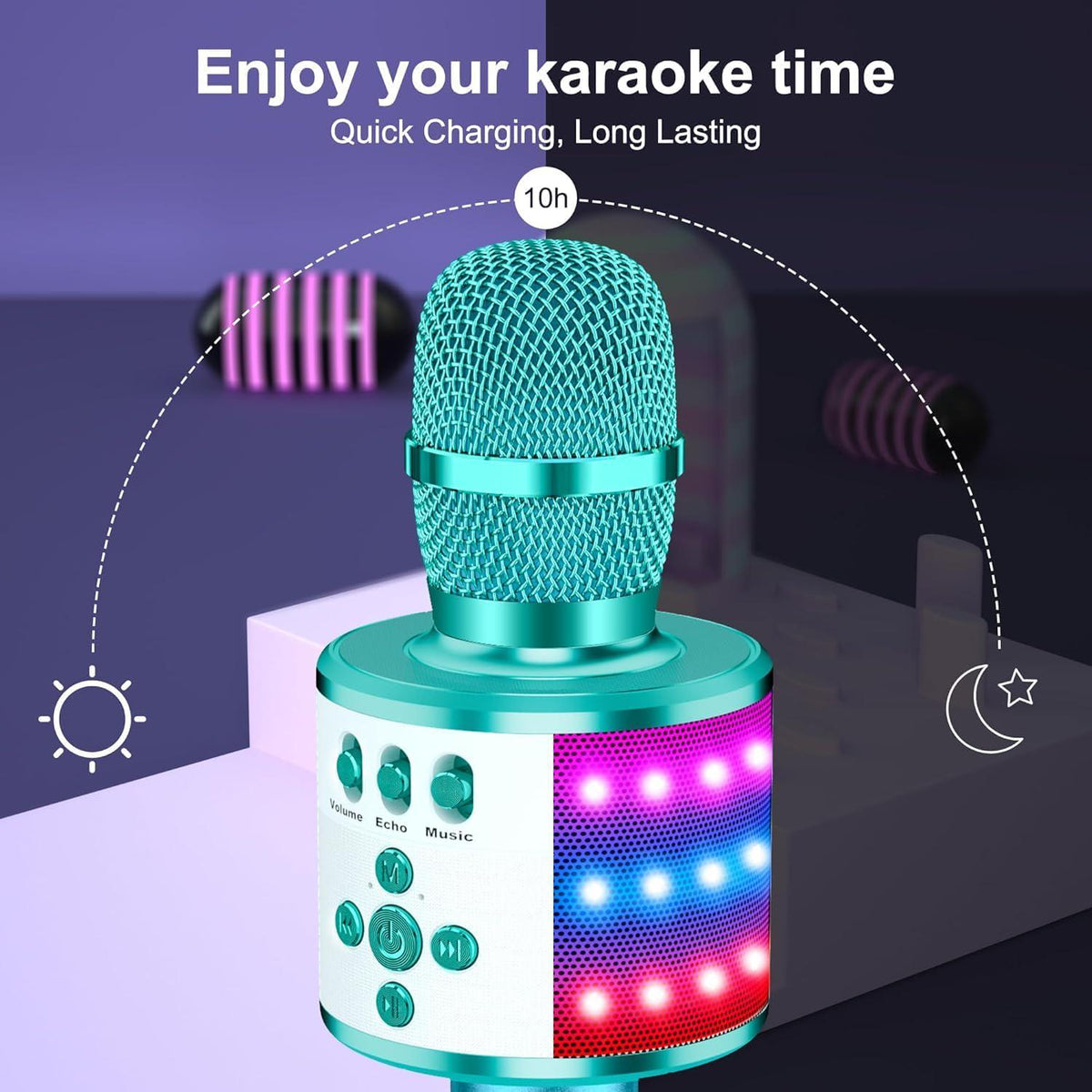 BONAOK Bluetooth Wireless Karaoke Microphone With LED Lights,4-in-1 Portable Handheld Mic With Speaker Karaoke Player For Singing Home Party Toys Birthday Gift For Kids Adults Girls Q78(Ice Blue),