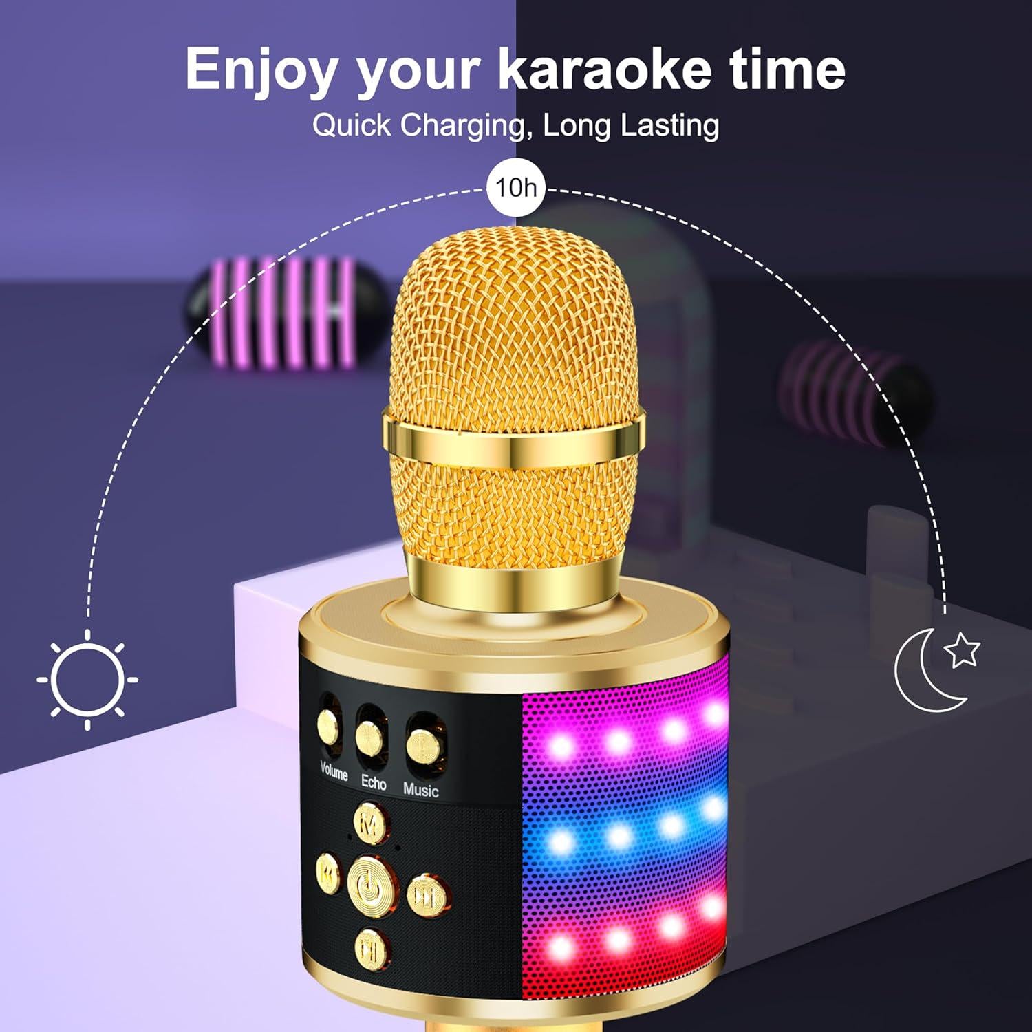 BONAOK Bluetooth Wireless Karaoke Microphone With LED Lights,4-in-1 Portable Handheld Mic With Speaker Karaoke Player For Singing Home Party Toys Birthday Gift For Kids Adults Girls Q78(Gold),645249270199