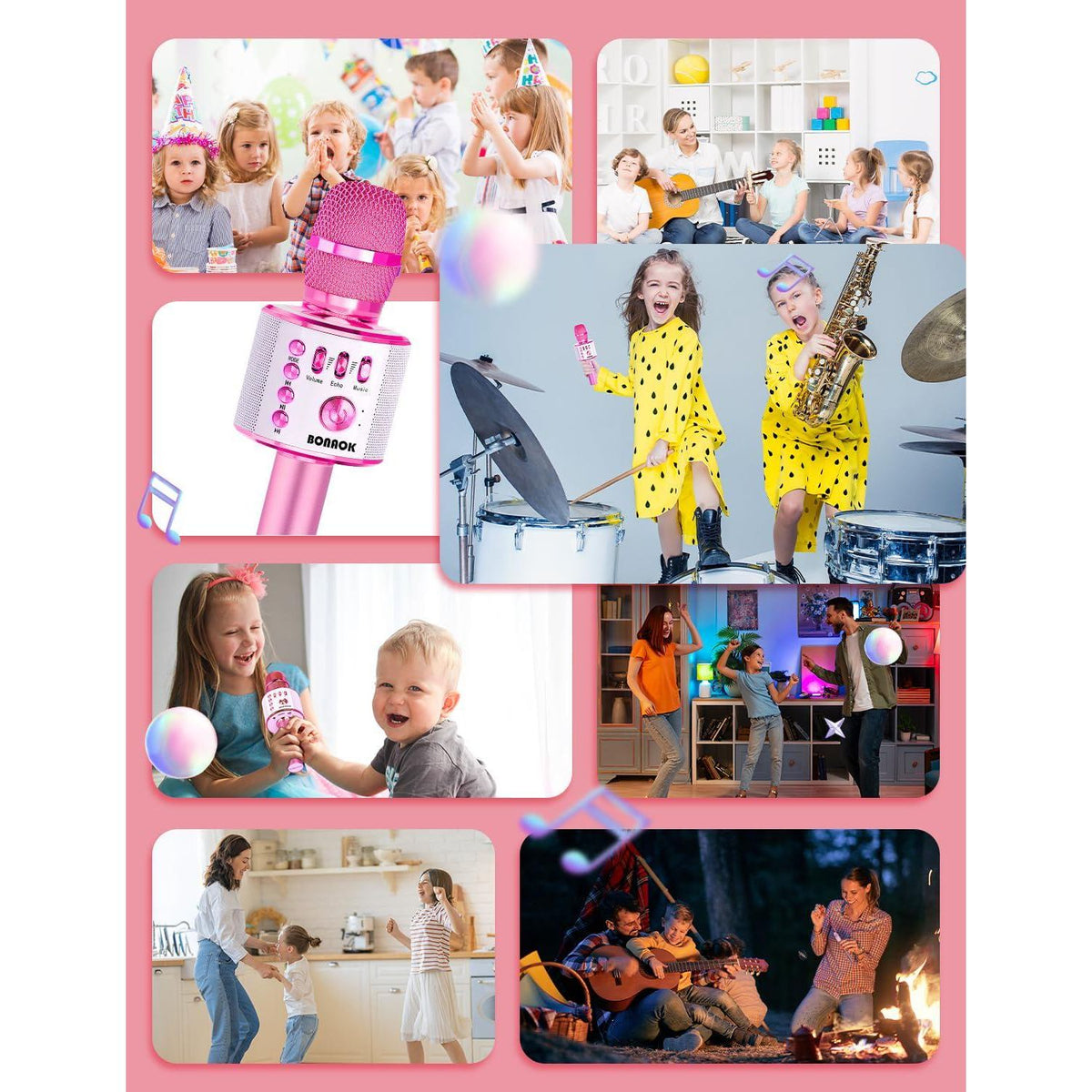 BONAOK Kids Karaoke Microphone, Wireless Bluetooth Microphone For Singing, Gift For Kids, Adults, Girls, Boys, Christmas Kids Toys Gifts For Ages 3, 4, 5, 6, 7, 8+ Years Old (Light Pinkcolor),