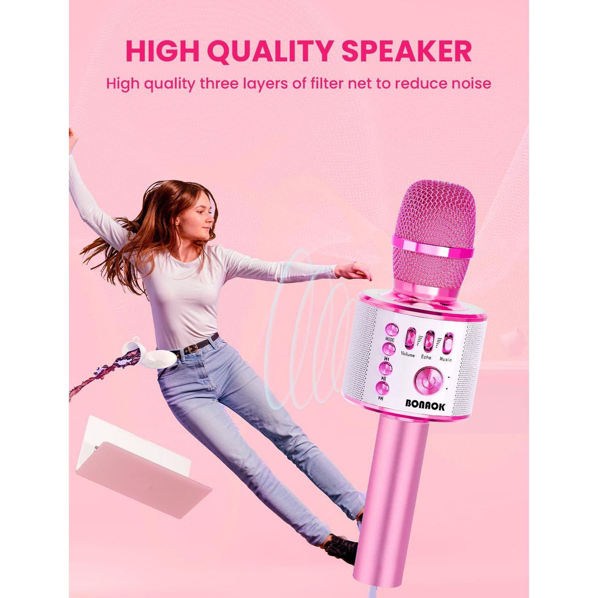 BONAOK Kids Karaoke Microphone, Wireless Bluetooth Microphone For Singing, Gift For Kids, Adults, Girls, Boys, Christmas Kids Toys Gifts For Ages 3, 4, 5, 6, 7, 8+ Years Old (Light Pinkcolor),