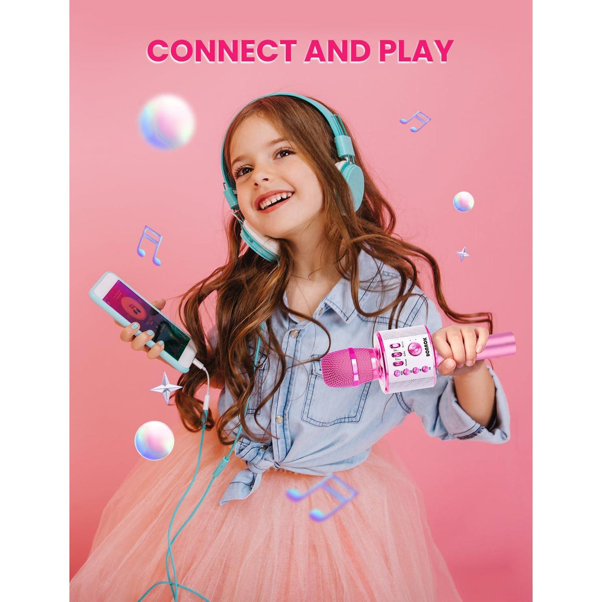 BONAOK Kids Karaoke Microphone, Wireless Bluetooth Microphone For Singing, Gift For Kids, Adults, Girls, Boys, Christmas Kids Toys Gifts For Ages 3, 4, 5, 6, 7, 8+ Years Old (Light Pinkcolor),