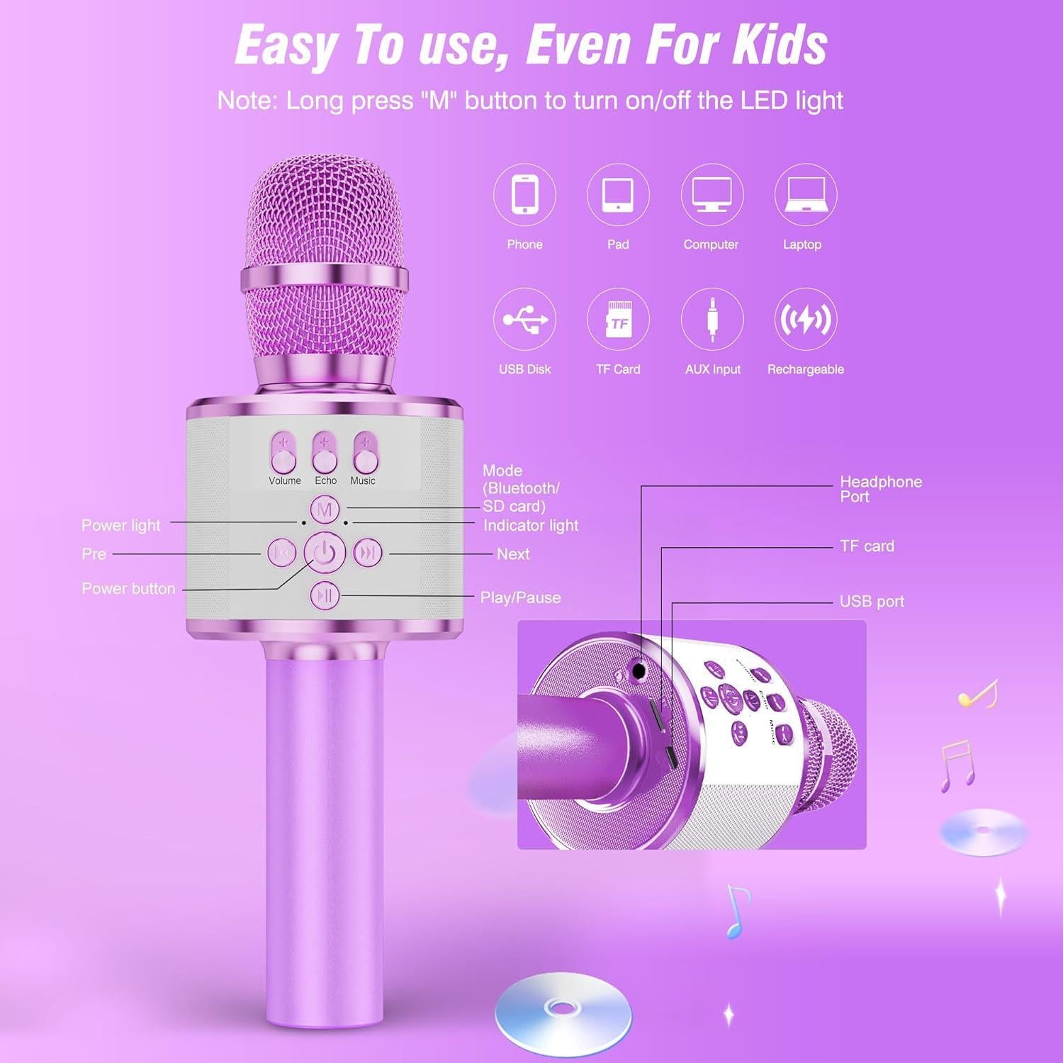 BONAOK Kids Karaoke Microphone Bluetooth Wireless Mic For Adults Singing Microphones With Speaker Disco Light Echo Sound Portable For Home Party Outdoor Gift Toys Q78(Light Purple),