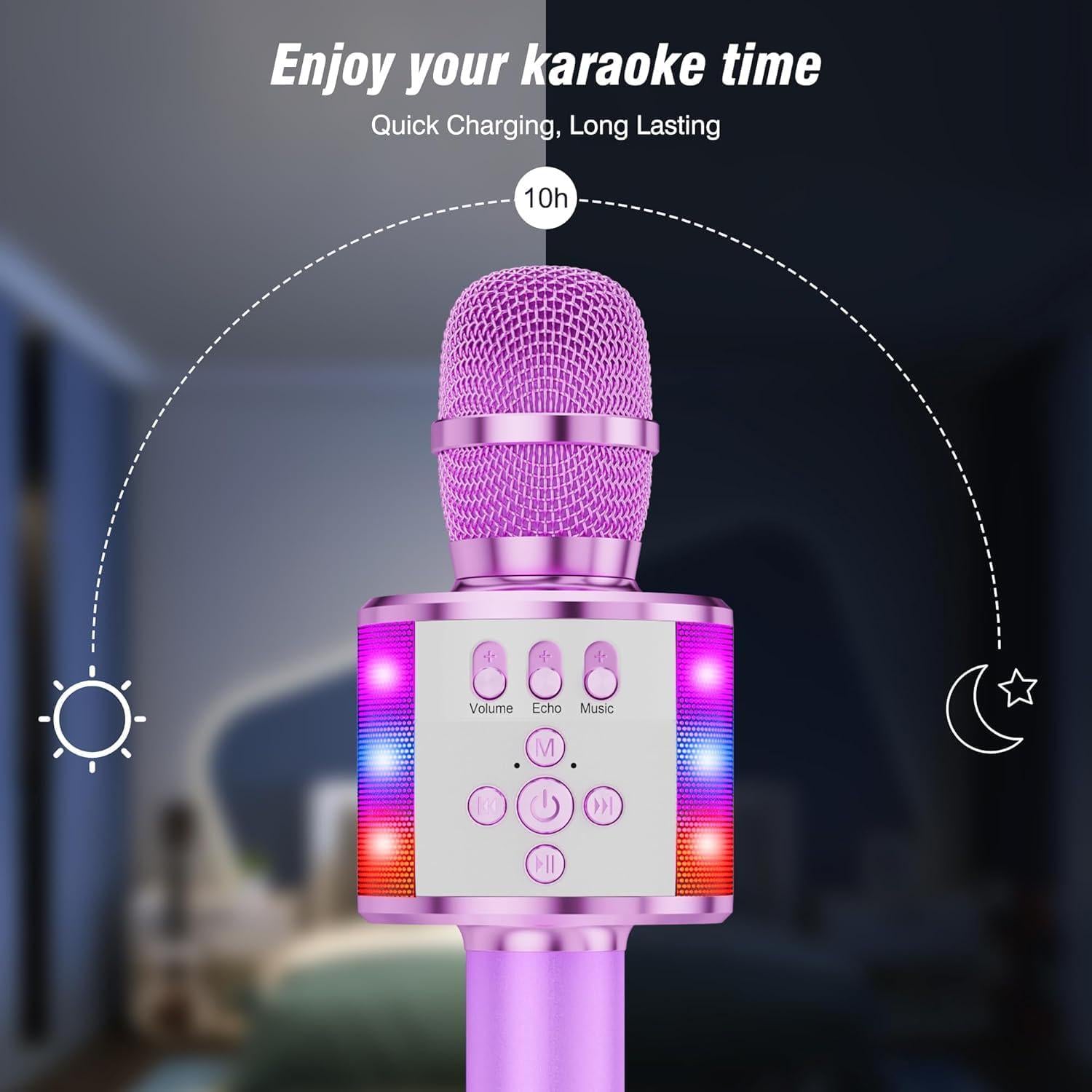 BONAOK Kids Karaoke Microphone Bluetooth Wireless Mic For Adults Singing Microphones With Speaker Disco Light Echo Sound Portable For Home Party Outdoor Gift Toys Q78(Light Purple),