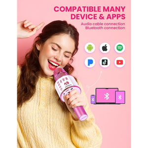BONAOK Kids Karaoke Microphone, Wireless Bluetooth Microphone For Singing, Gift For Kids, Adults, Girls, Boys, Christmas Kids Toys Gifts For Ages 3, 4, 5, 6, 7, 8+ Years Old (Light Pinkcolor),
