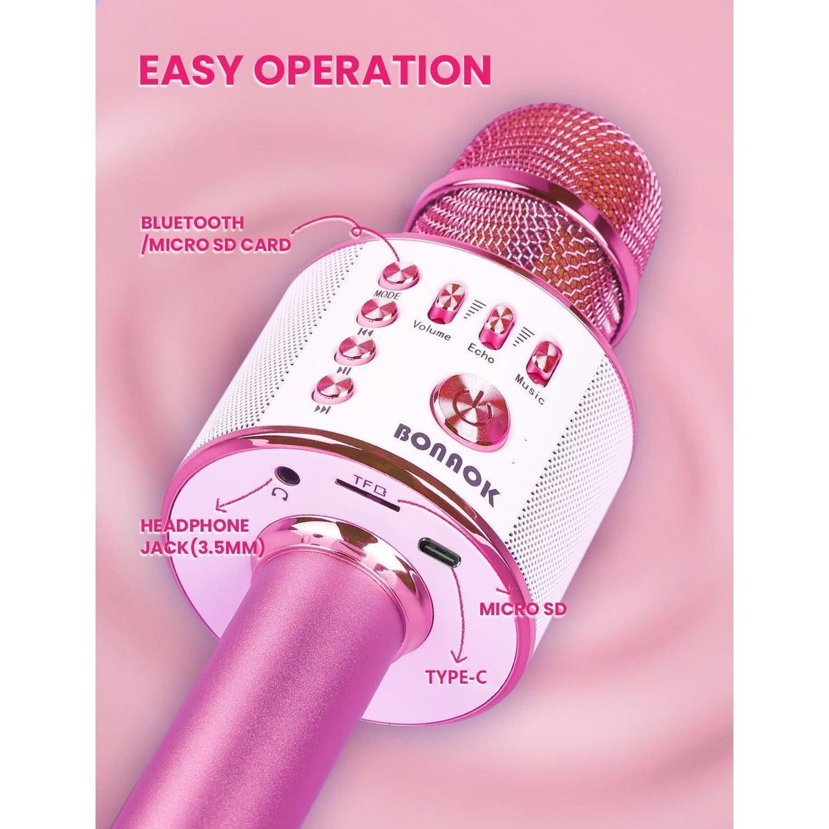 BONAOK Kids Karaoke Microphone, Wireless Bluetooth Microphone For Singing, Gift For Kids, Adults, Girls, Boys, Christmas Kids Toys Gifts For Ages 3, 4, 5, 6, 7, 8+ Years Old (Light Pinkcolor),