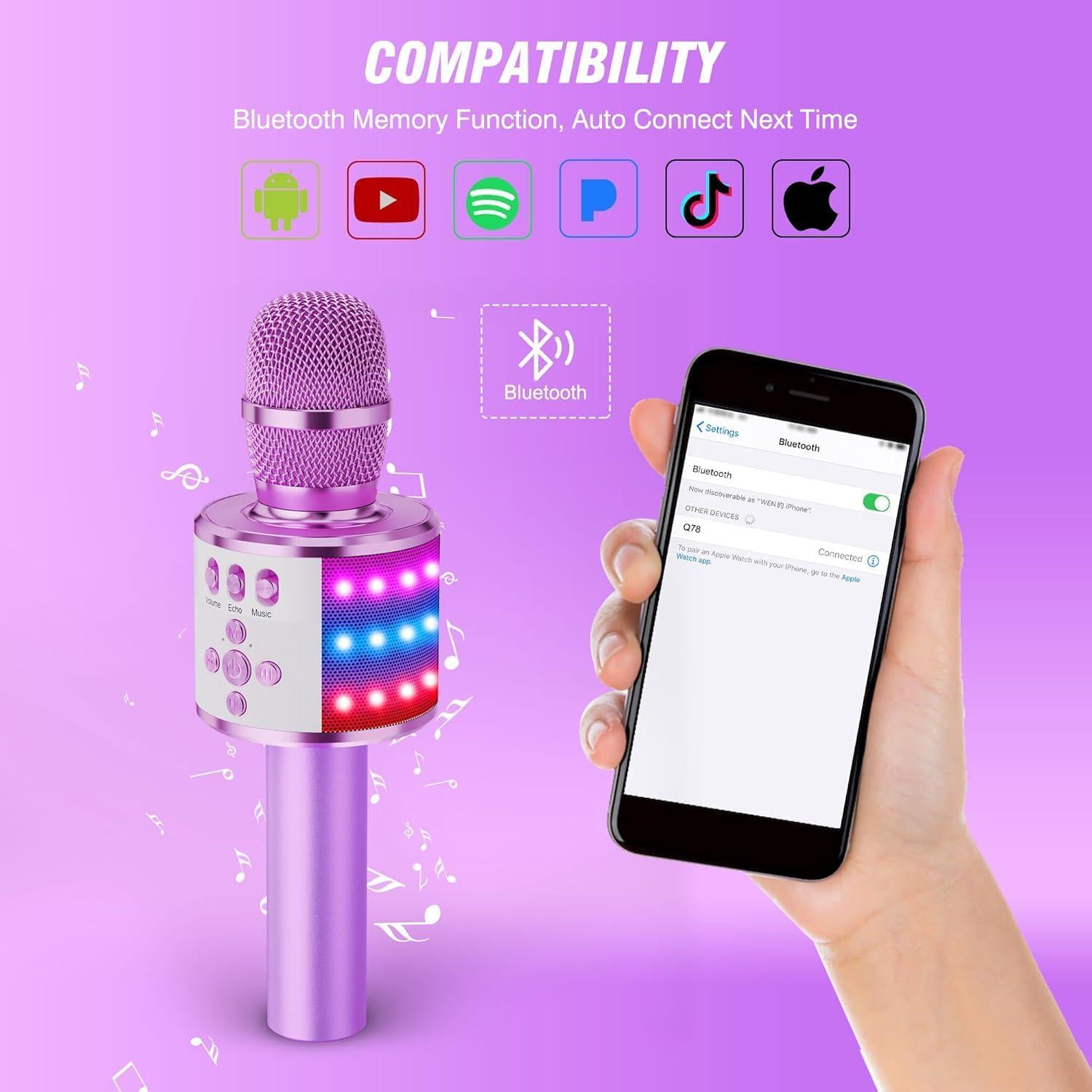 BONAOK Kids Karaoke Microphone Bluetooth Wireless Mic For Adults Singing Microphones With Speaker Disco Light Echo Sound Portable For Home Party Outdoor Gift Toys Q78(Light Purple),