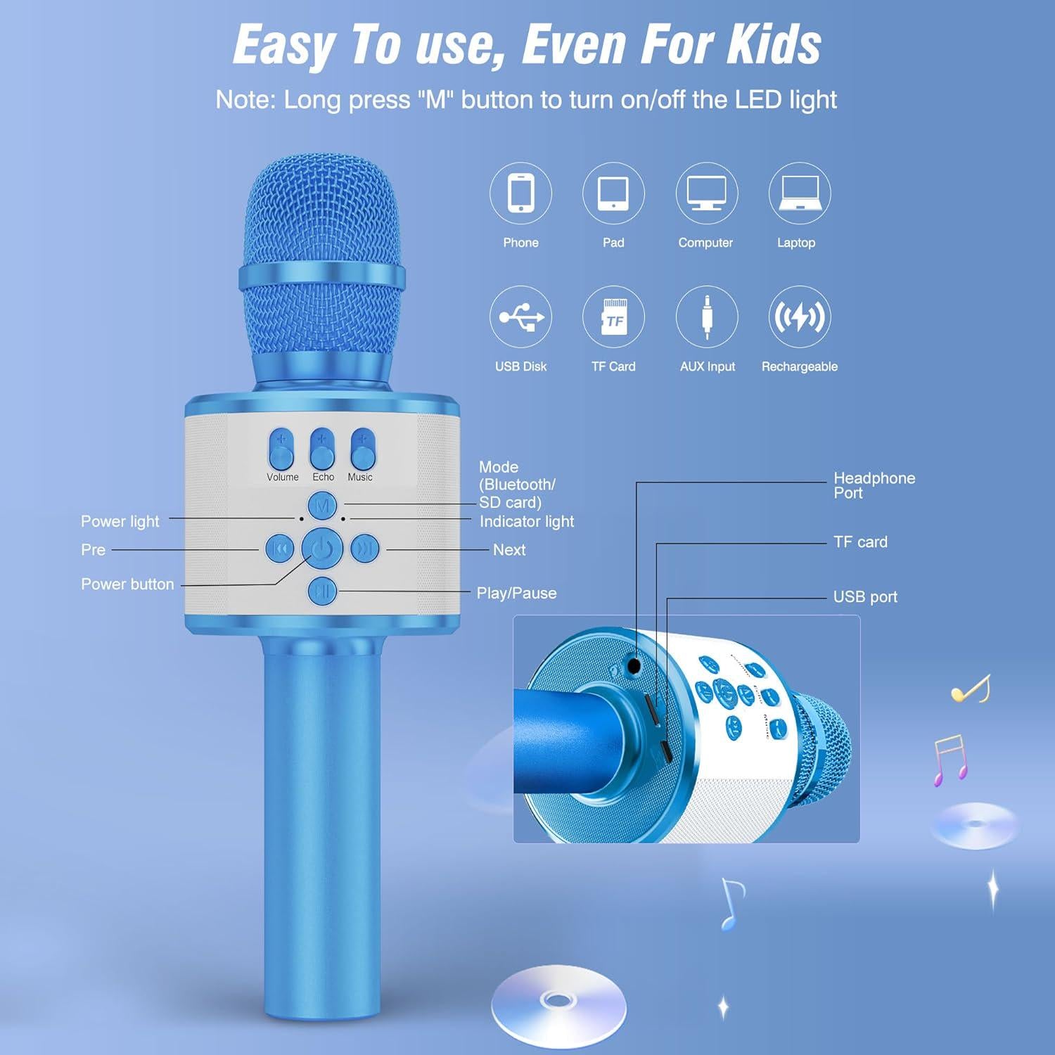 BONAOK Kids Karaoke Microphone Bluetooth Wireless Mic For Adults Singing Microphones With Speaker Disco Light Echo Sound Portable For Home Party Outdoor Gift Toys Q78(Blue),