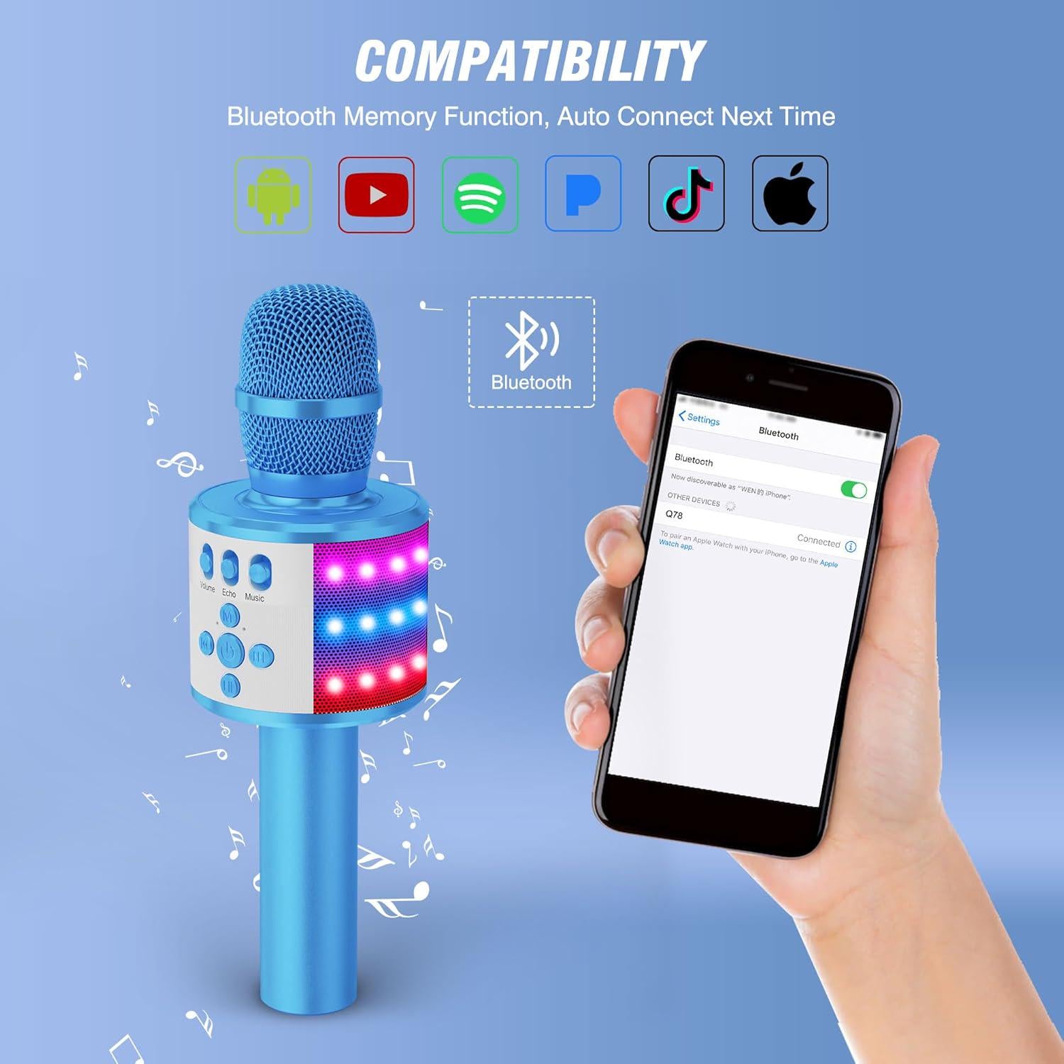 BONAOK Kids Karaoke Microphone Bluetooth Wireless Mic For Adults Singing Microphones With Speaker Disco Light Echo Sound Portable For Home Party Outdoor Gift Toys Q78(Blue),