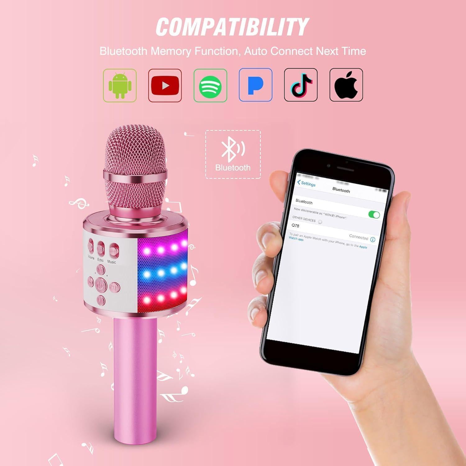 BONAOK Kids Karaoke Microphone Bluetooth Wireless Mic For Adults Singing Microphones With Speaker Disco Light Echo Sound Portable For Home Party Outdoor Gift Toys Q78(Light Pink),