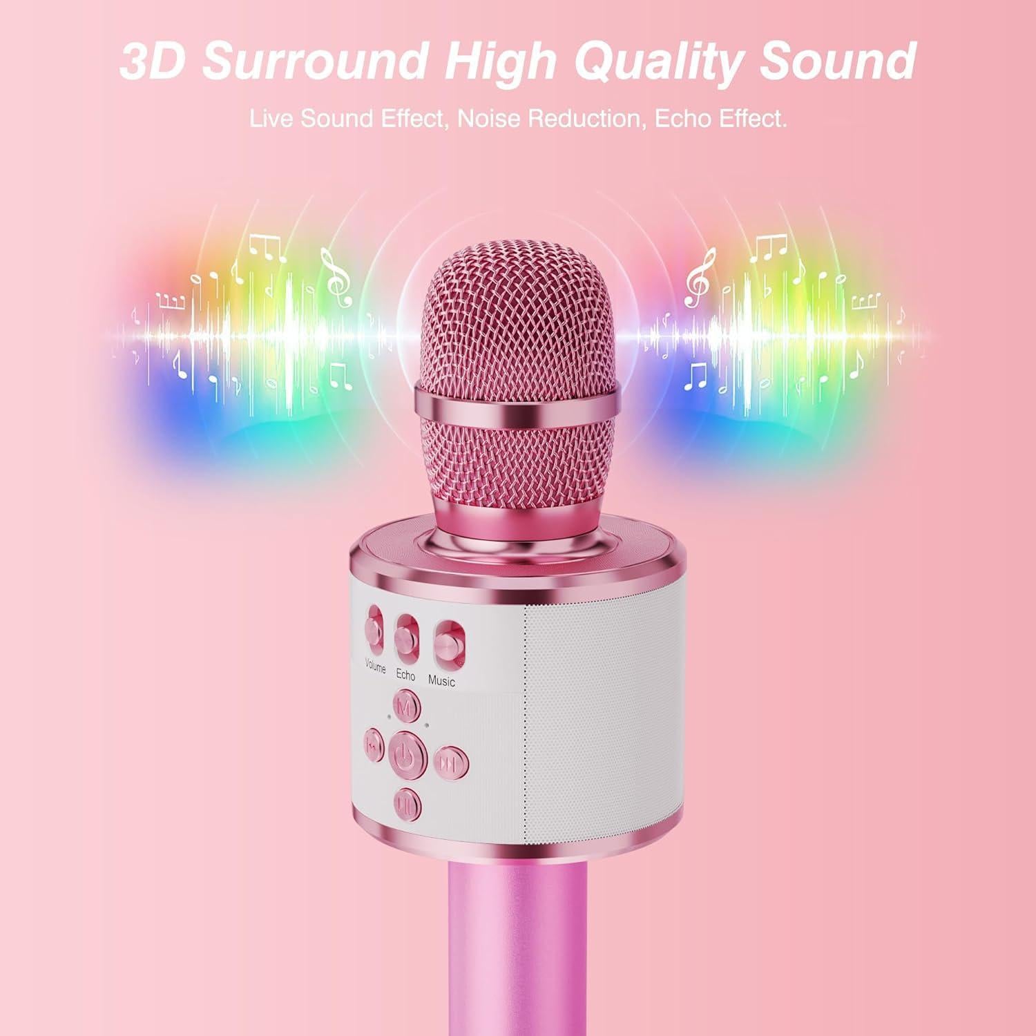 BONAOK Kids Karaoke Microphone Bluetooth Wireless Mic For Adults Singing Microphones With Speaker Disco Light Echo Sound Portable For Home Party Outdoor Gift Toys Q78(Light Pink),