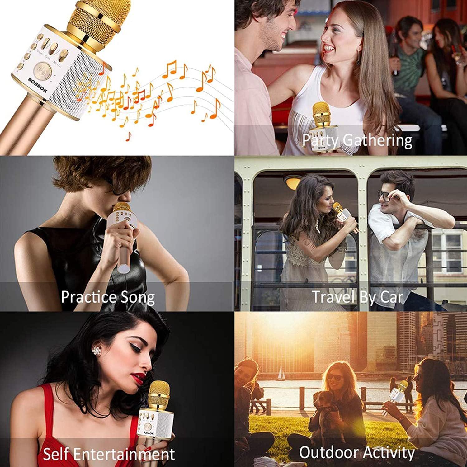 BONAOK Wireless Bluetooth Karaoke Microphone, 3-in-1 Portable Handheld Mic Speaker Machine For All Smartphones,Gifts For Girls Boys Kids Adults All Age Q37(Gold),645249270229