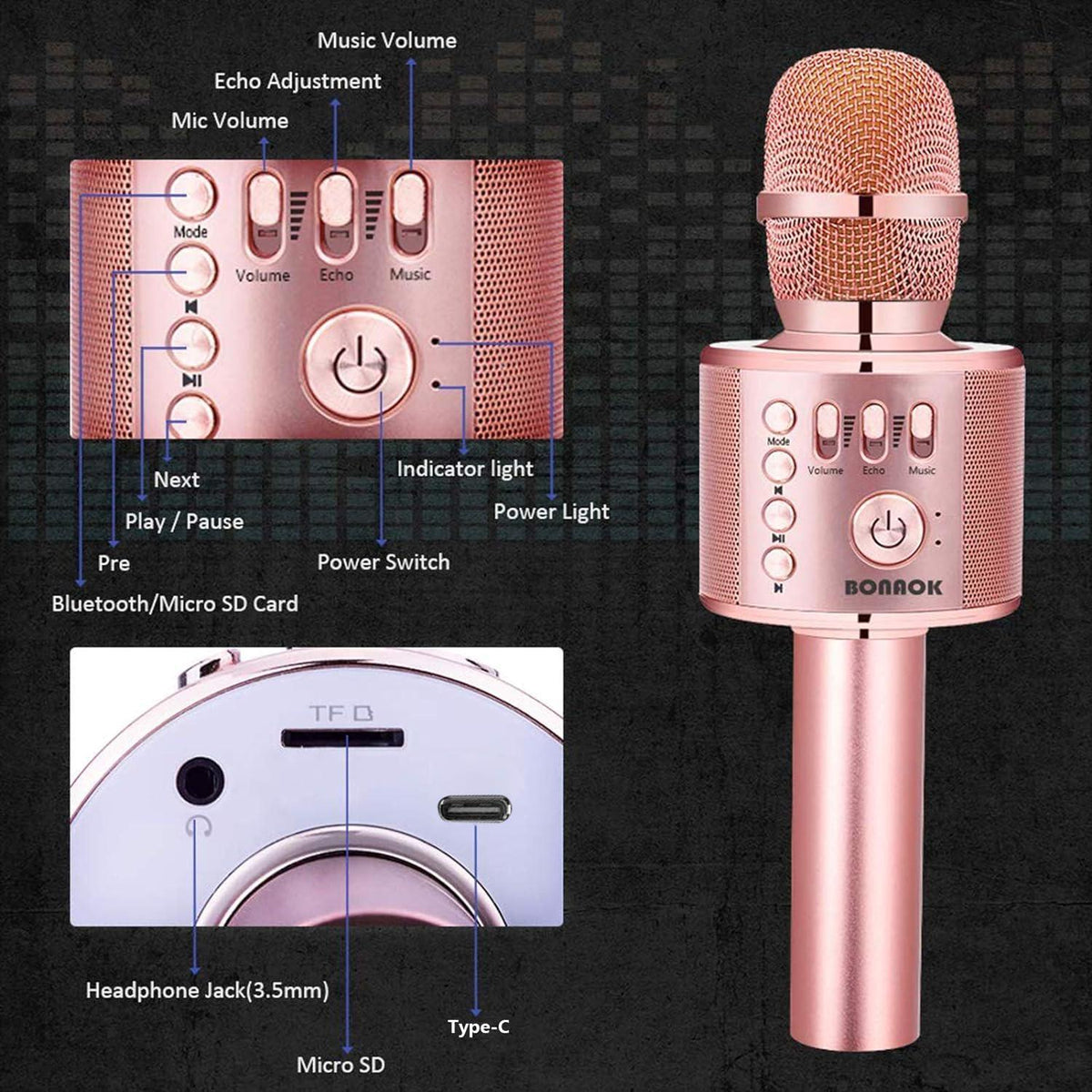 BONAOK Wireless Bluetooth Karaoke Microphone, 3-in-1 Portable Handheld Mic Speaker Machine For All Smartphones,Gifts To Girls Kids Adults All Age Q37(Champagne),