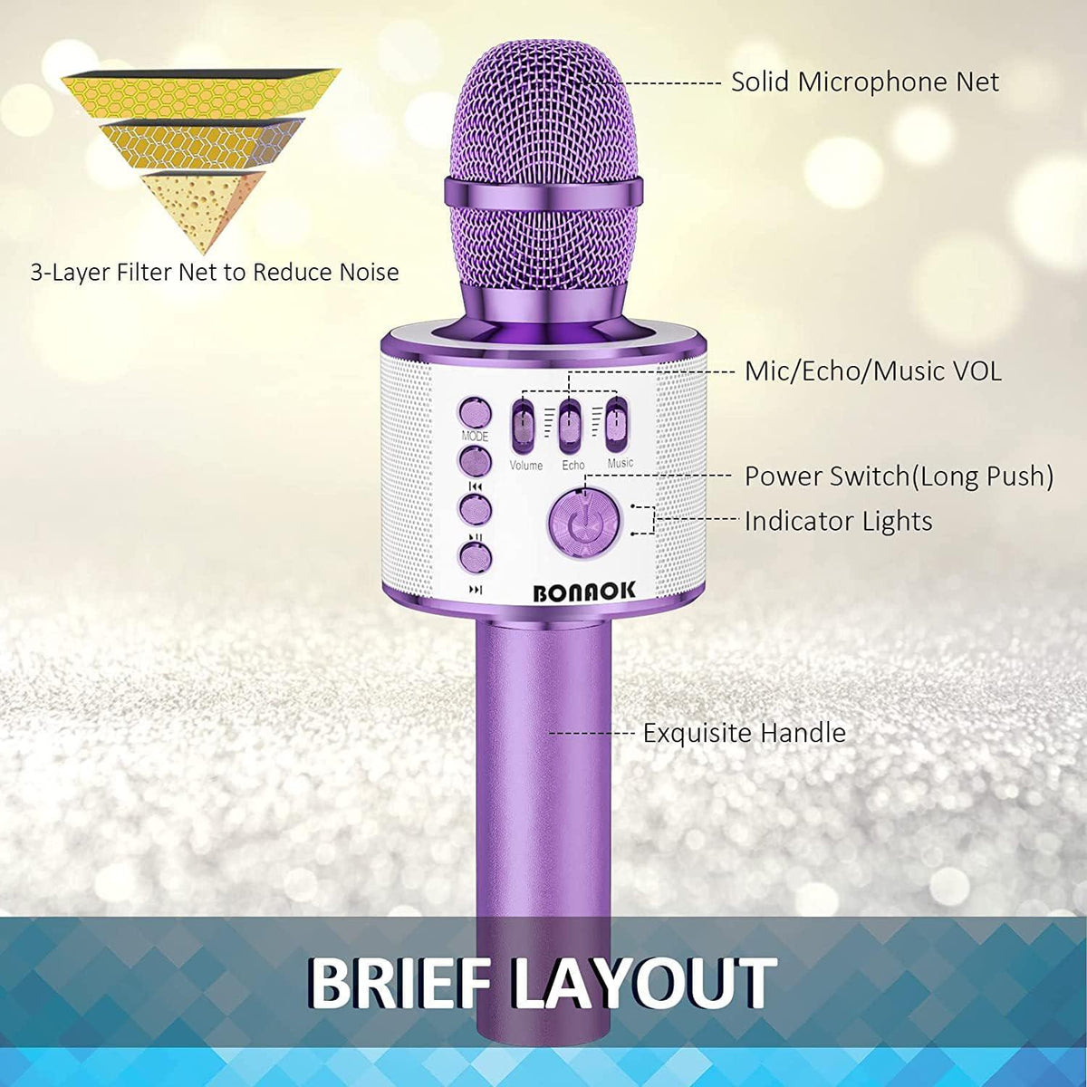 BONAOK Wireless Bluetooth Karaoke Microphone, 3-in-1 Portable Handheld Mic Speaker Machine For All Smartphones, For Girls Boys Kids Adults All Age Q37(Light Purple),