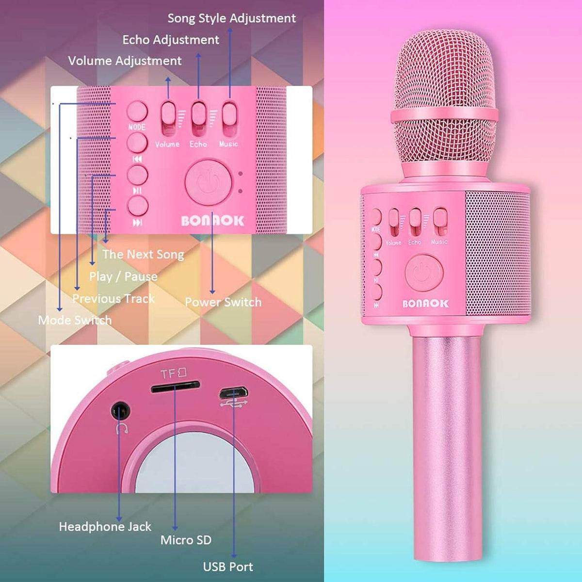 BONAOK Wireless Bluetooth Karaoke Microphone,3-in-1 Portable Handheld Karaoke Mic Speaker Machine Home Party Birthday For All Smartphones Q37 (P-Ink),