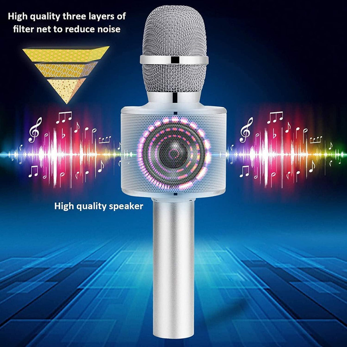 BONAOK Wireless Bluetooth Karaoke Microphone,3-in-1 Portable Handheld Mic Speaker For All Smartphones,Gifts For Kids Adults All Age Q37(Silver),