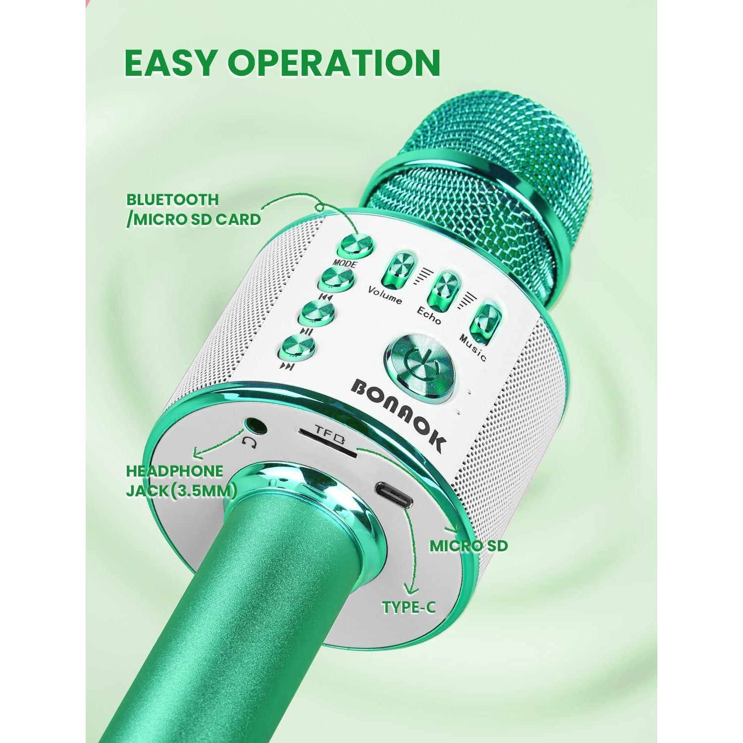 BONAOK Wireless Bluetooth Karaoke Microphone, 3-in-1 Portable Handheld Mic Speaker For All Smartphones, Gifts For Boys Kids Adults All Age Q37(Green),