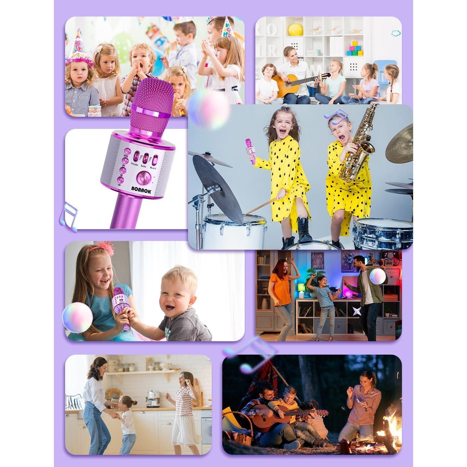 BONAOK Wireless Bluetooth Karaoke Microphone, Portable Toy Microphone For Singing, Gifts To Girls Boys Kids Adults All Age Q37 Bright Purple,