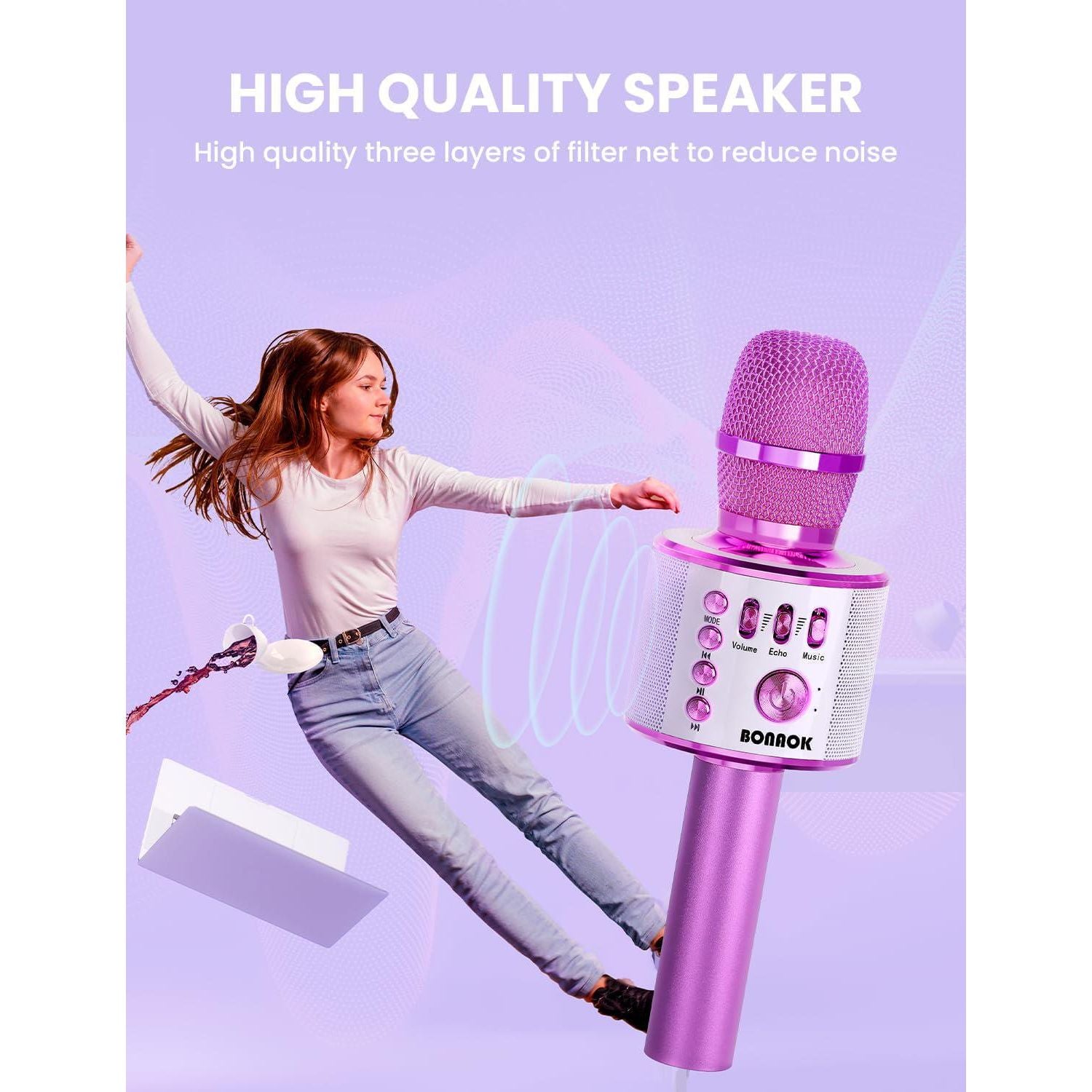 BONAOK Wireless Bluetooth Karaoke Microphone, Portable Toy Microphone For Singing, Gifts To Girls Boys Kids Adults All Age Q37 Bright Purple,