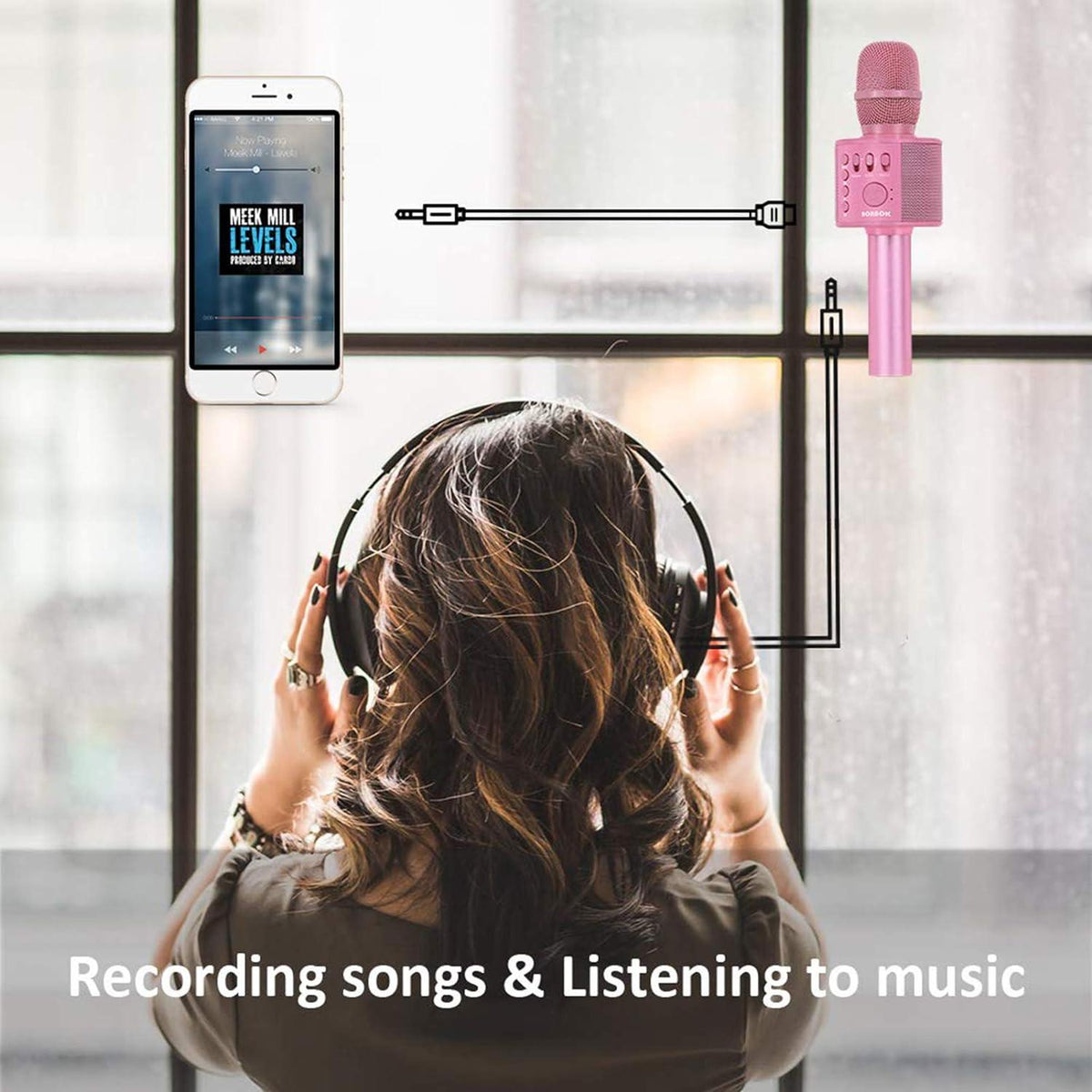 BONAOK Wireless Bluetooth Karaoke Microphone,3-in-1 Portable Handheld Karaoke Mic Speaker Machine Home Party Birthday For All Smartphones Q37 (P-Ink),
