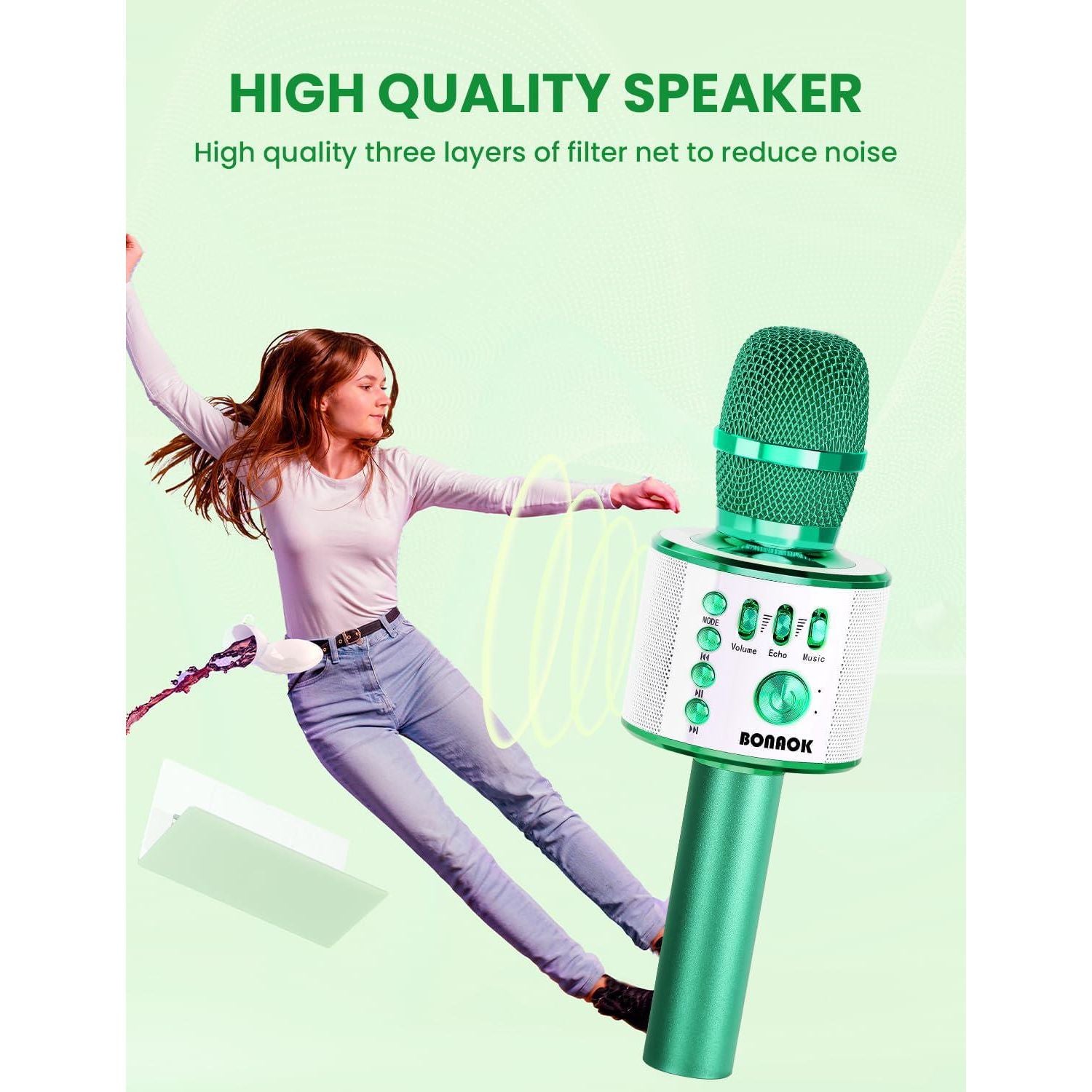 BONAOK Wireless Bluetooth Karaoke Microphone, 3-in-1 Portable Handheld Mic Speaker For All Smartphones, Gifts For Boys Kids Adults All Age Q37(Green),
