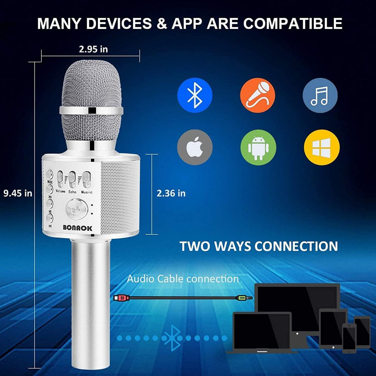 BONAOK Wireless Bluetooth Karaoke Microphone,3-in-1 Portable Handheld Mic Speaker For All Smartphones,Gifts For Kids Adults All Age Q37(Silver),