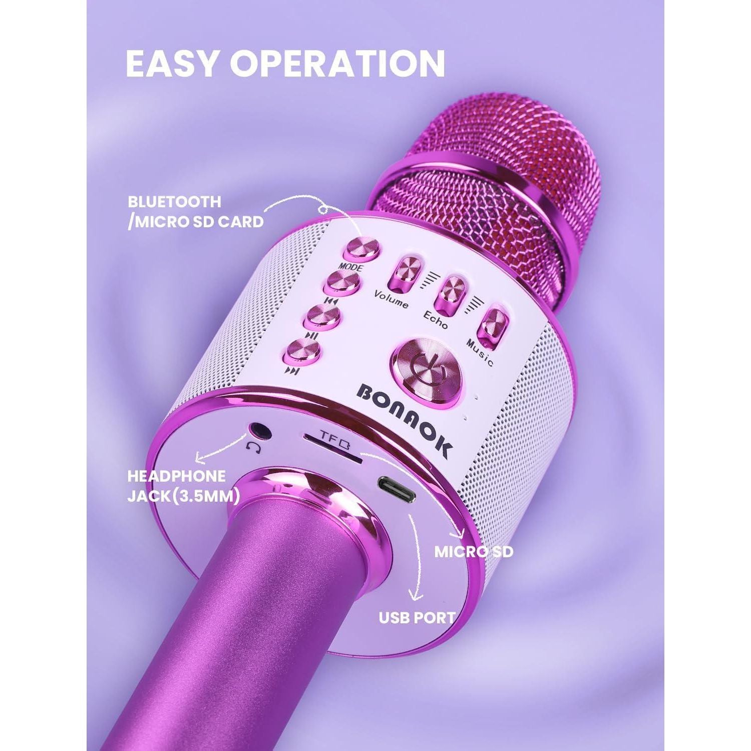 BONAOK Wireless Bluetooth Karaoke Microphone, Portable Toy Microphone For Singing, Gifts To Girls Boys Kids Adults All Age Q37 Bright Purple,