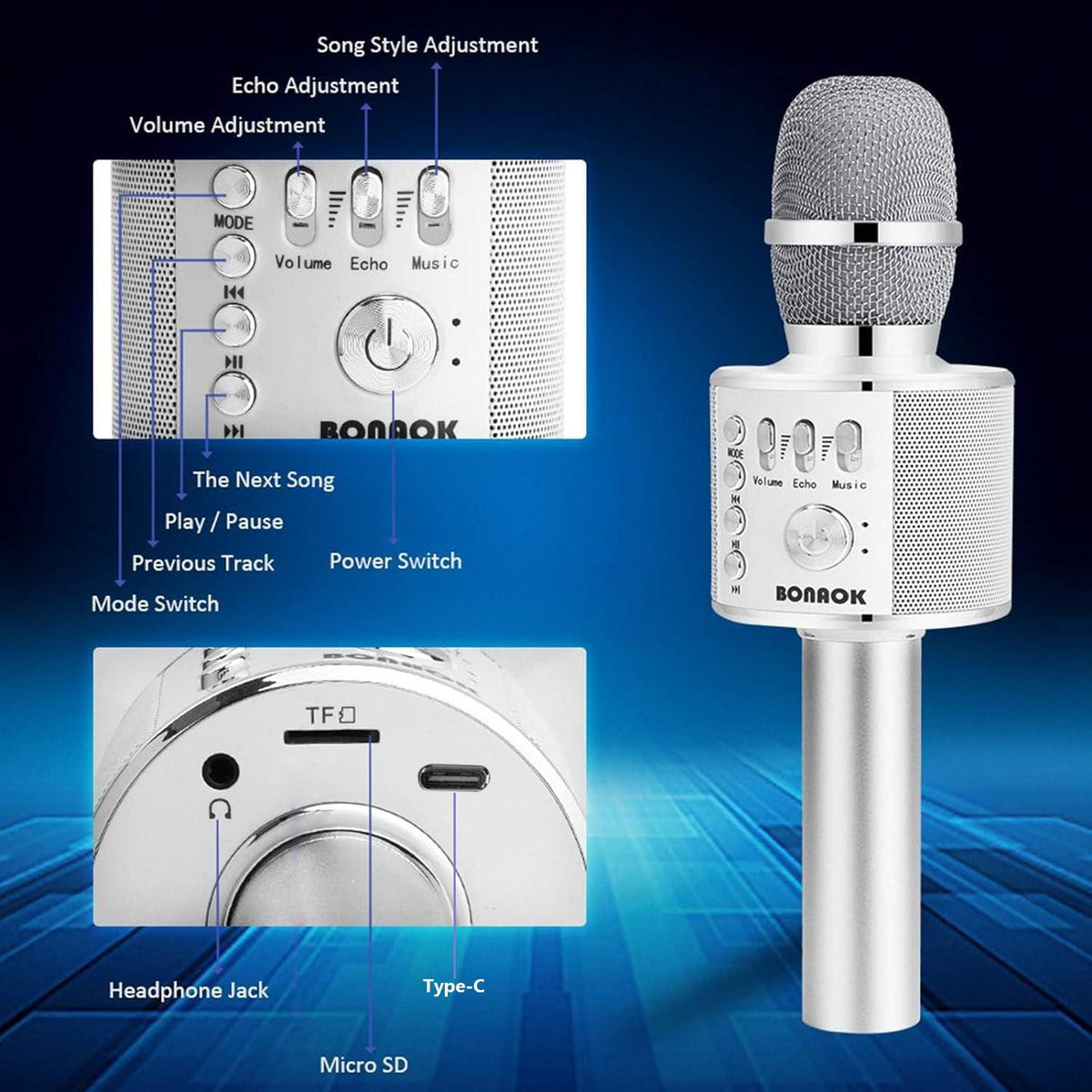 BONAOK Wireless Bluetooth Karaoke Microphone,3-in-1 Portable Handheld Mic Speaker For All Smartphones,Gifts For Kids Adults All Age Q37(Silver),