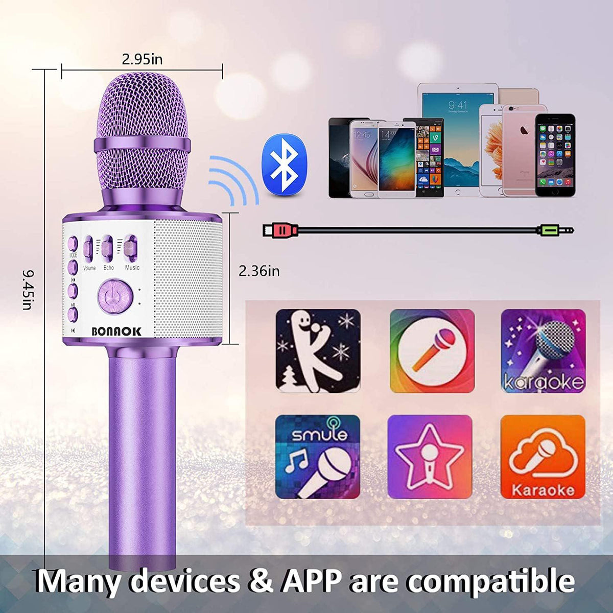 BONAOK Wireless Bluetooth Karaoke Microphone, 3-in-1 Portable Handheld Mic Speaker Machine For All Smartphones, For Girls Boys Kids Adults All Age Q37(Light Purple),