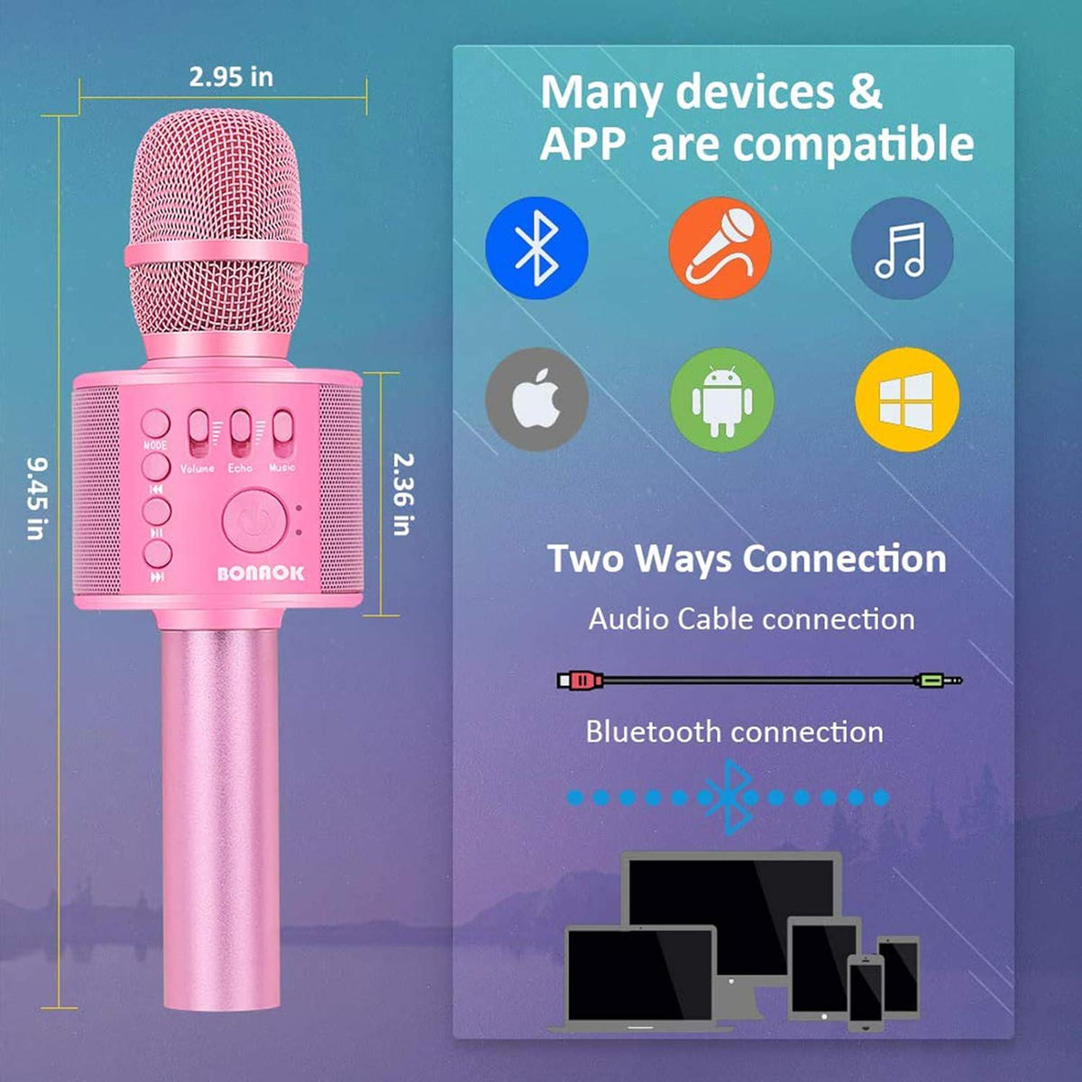 BONAOK Wireless Bluetooth Karaoke Microphone,3-in-1 Portable Handheld Karaoke Mic Speaker Machine Home Party Birthday For All Smartphones Q37 (P-Ink),