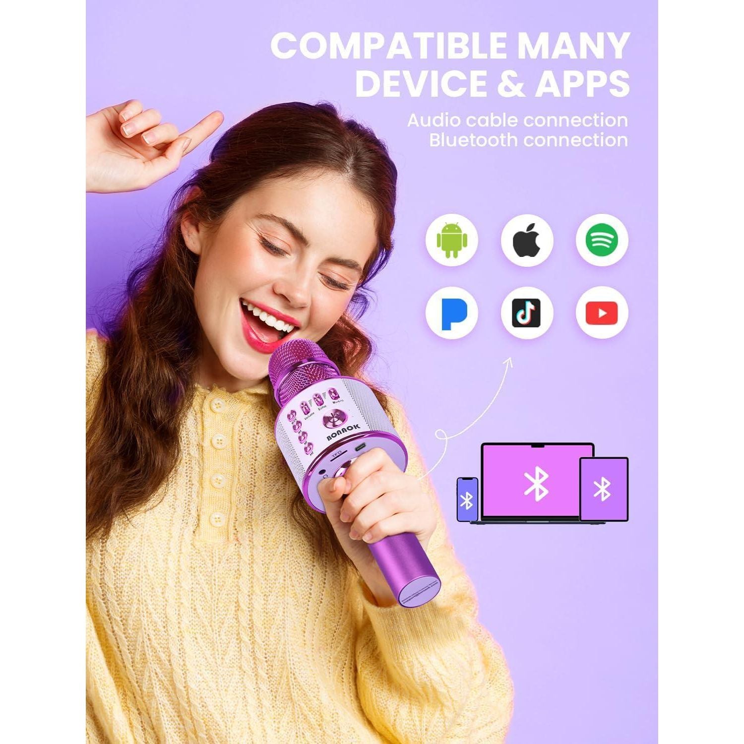 BONAOK Wireless Bluetooth Karaoke Microphone, Portable Toy Microphone For Singing, Gifts To Girls Boys Kids Adults All Age Q37 Bright Purple,