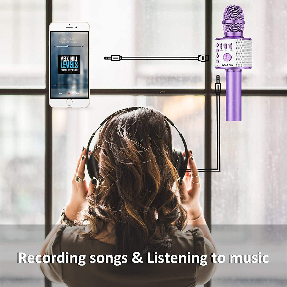BONAOK Wireless Bluetooth Karaoke Microphone, 3-in-1 Portable Handheld Mic Speaker Machine For All Smartphones, For Girls Boys Kids Adults All Age Q37(Light Purple),